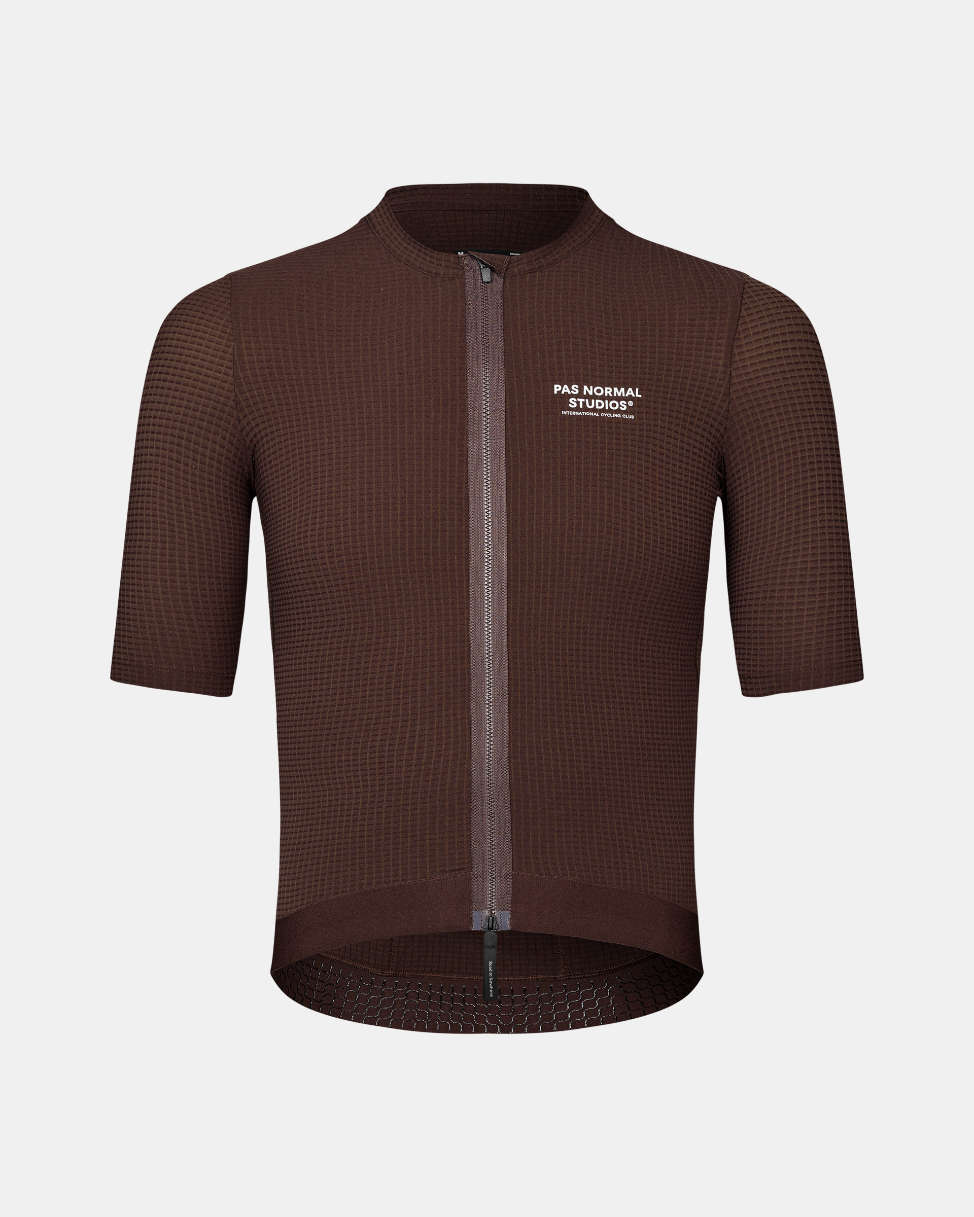 Dark Red Escapism cycling jersey, front view with textured fabric and full zip