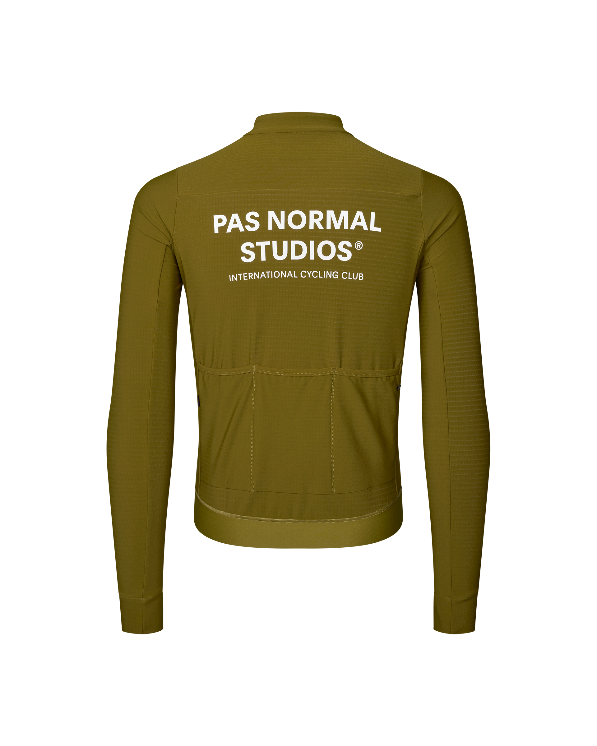 Khaki Green Essential long sleeve cycling jersey, rear flat lay with white back print and three rear pockets