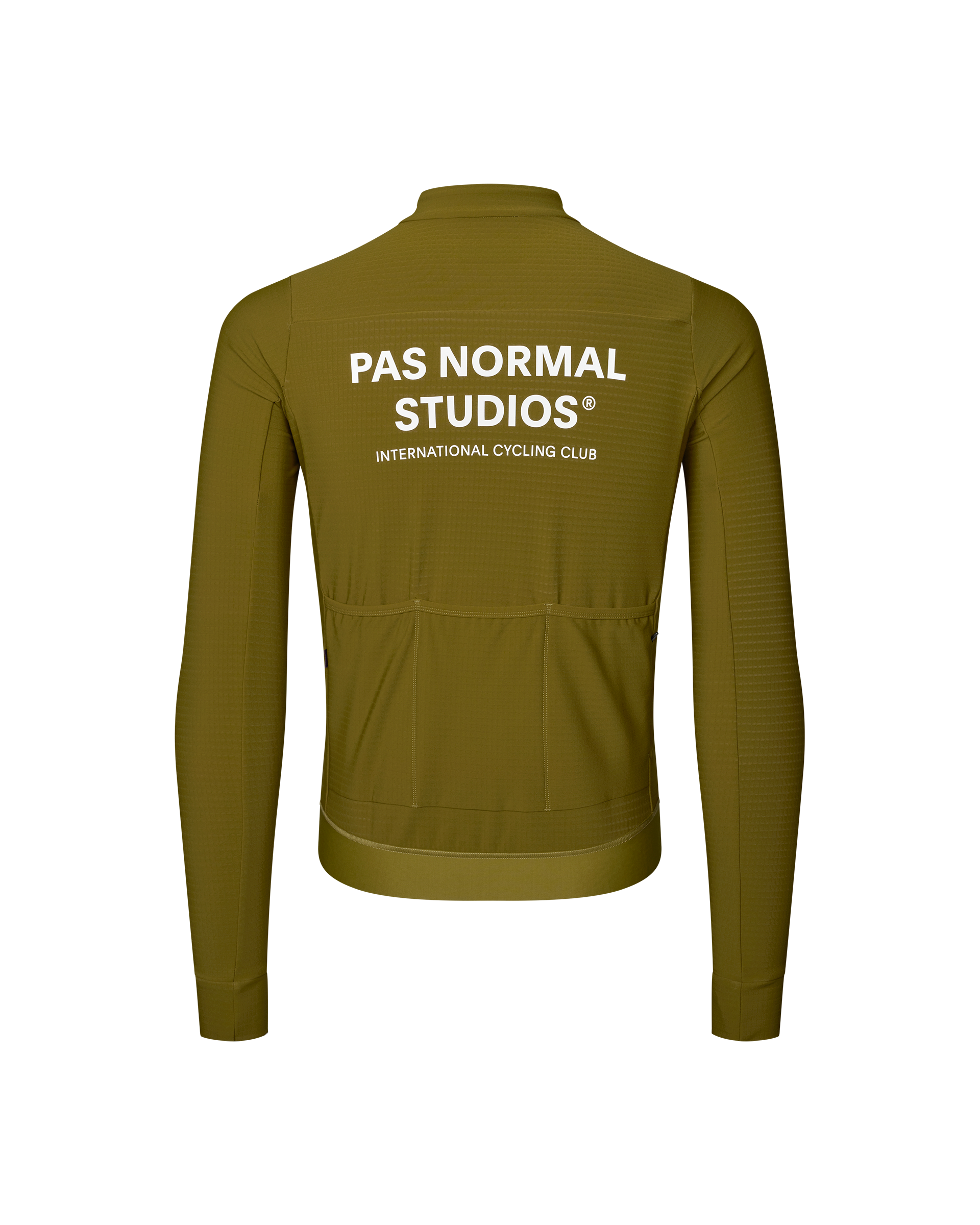 Khaki Green Essential long sleeve cycling jersey, rear flat lay with white back print and three rear pockets