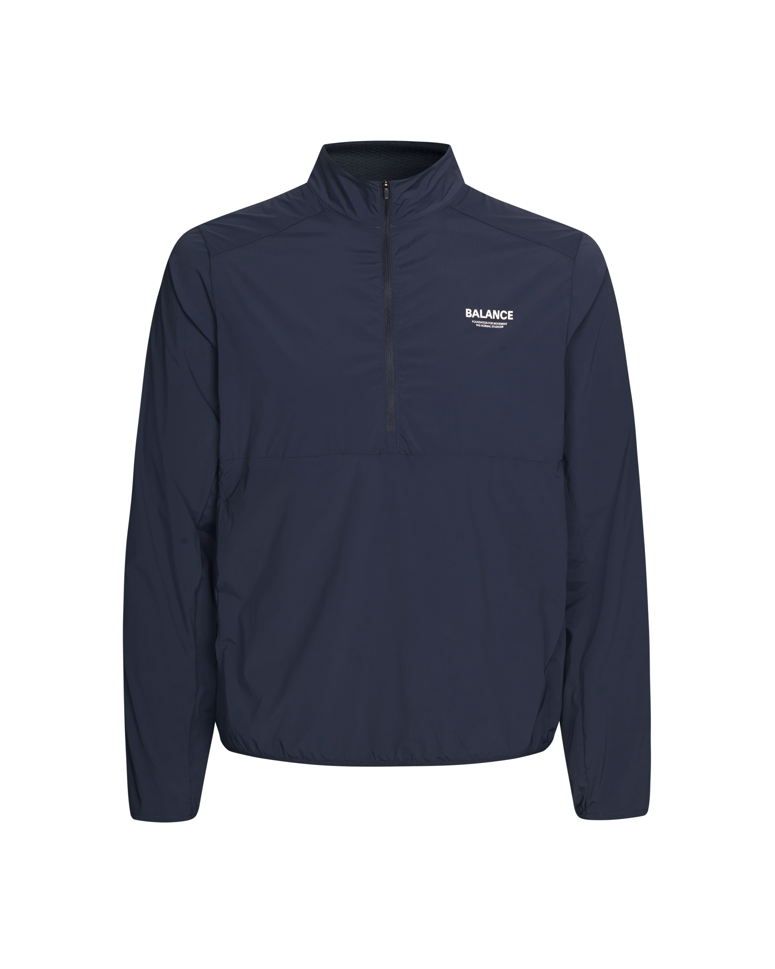 Navy Balance Half Zip jacket, front flat lay with chest logo print and half-zip collar