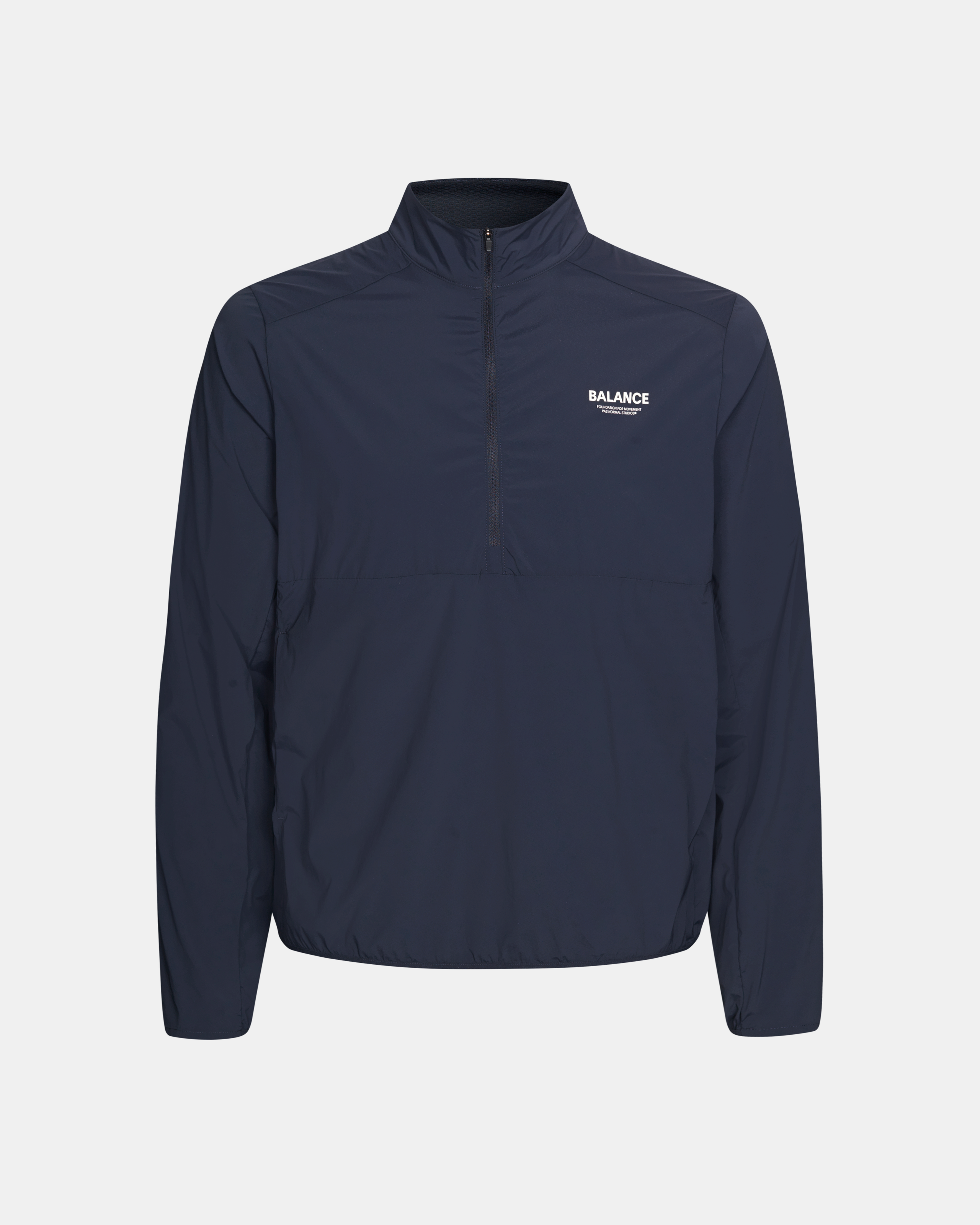 Navy Balance Half Zip jacket, front flat lay with chest logo print and half-zip collar