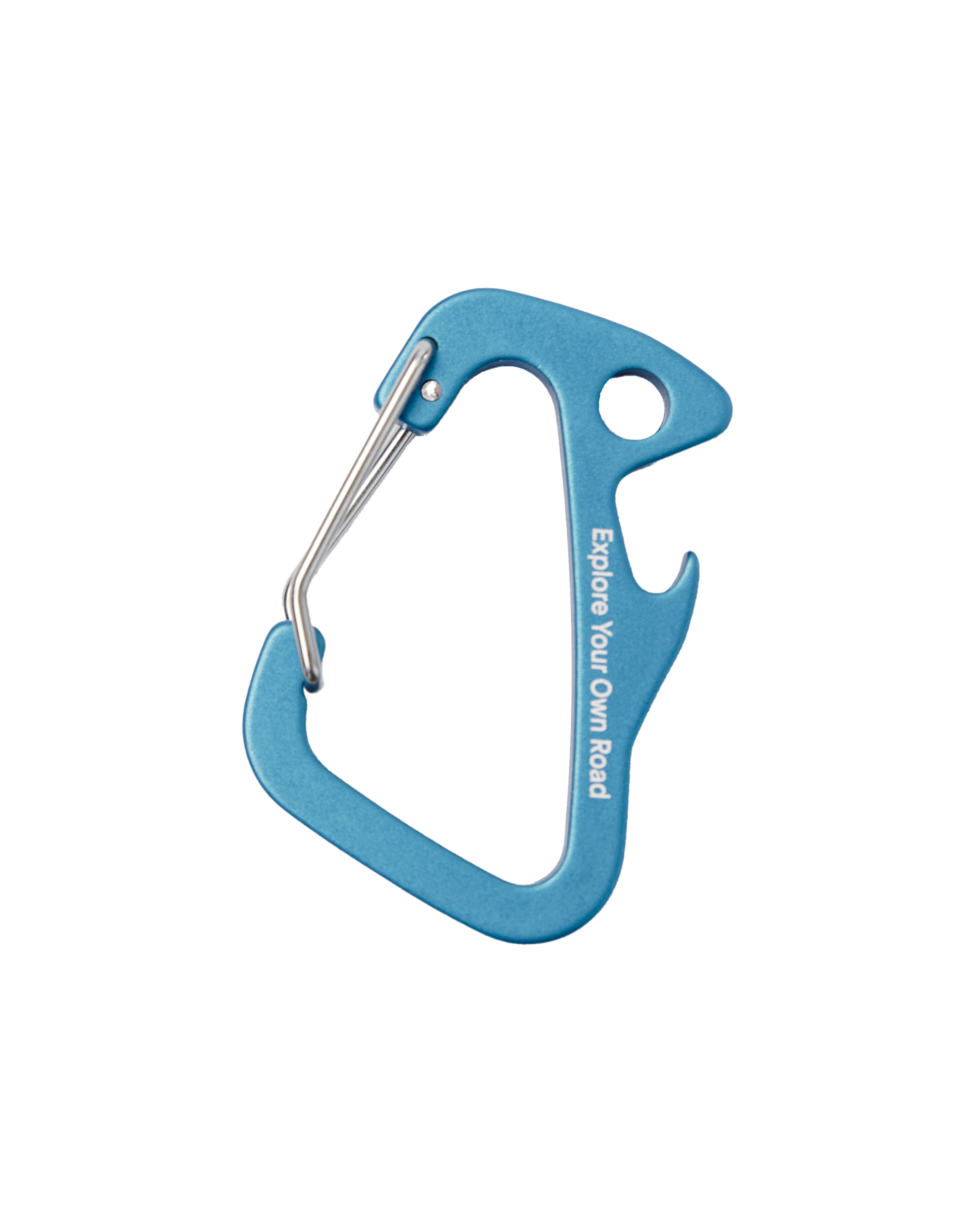 Blue Off-Race carabiner with wire gate and branded text