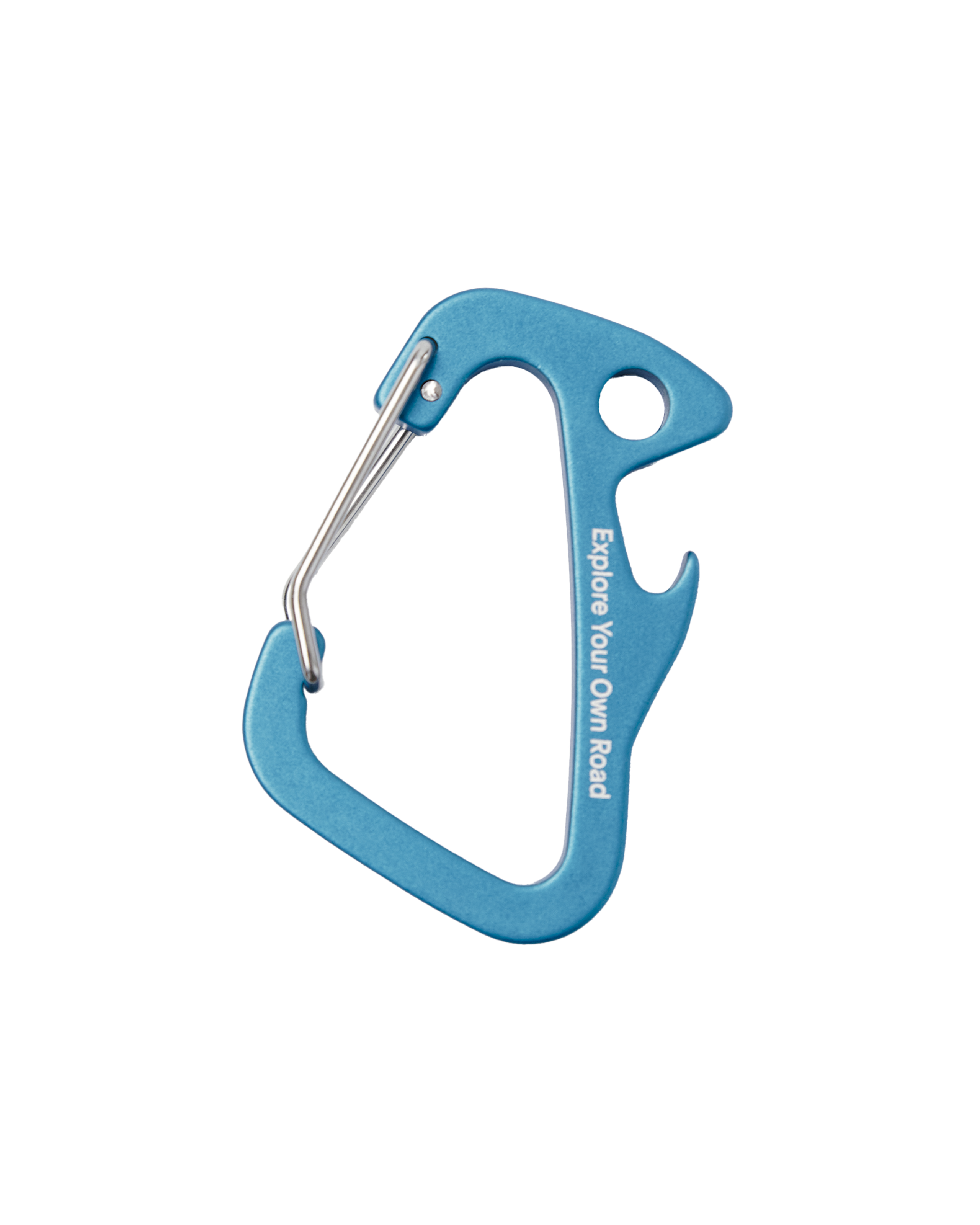 Blue Off-Race carabiner with wire gate and branded text