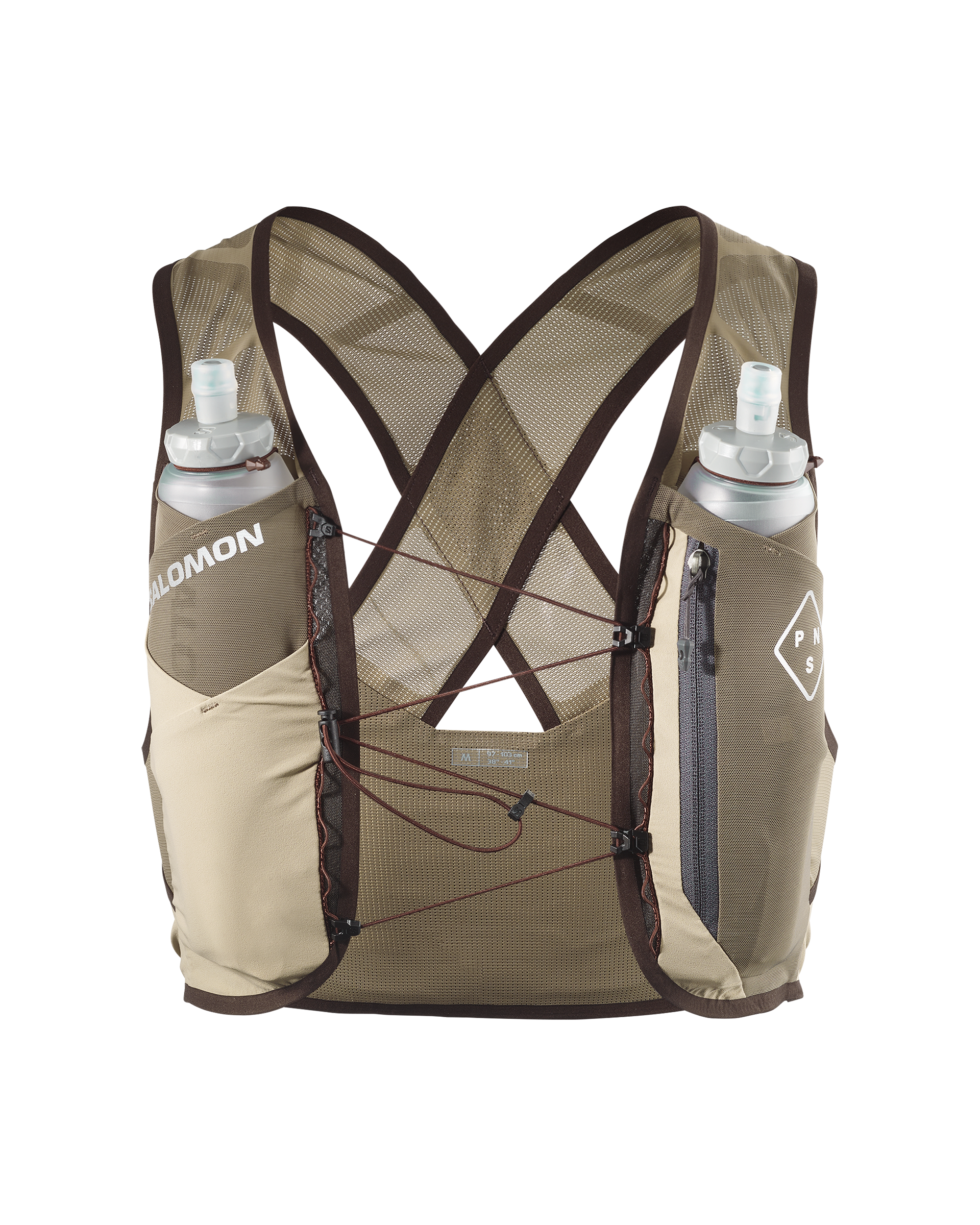 Light Brown Salomon Gravel Concept Skin 2 vest, front flat lay with two soft flasks and cross-back mesh straps