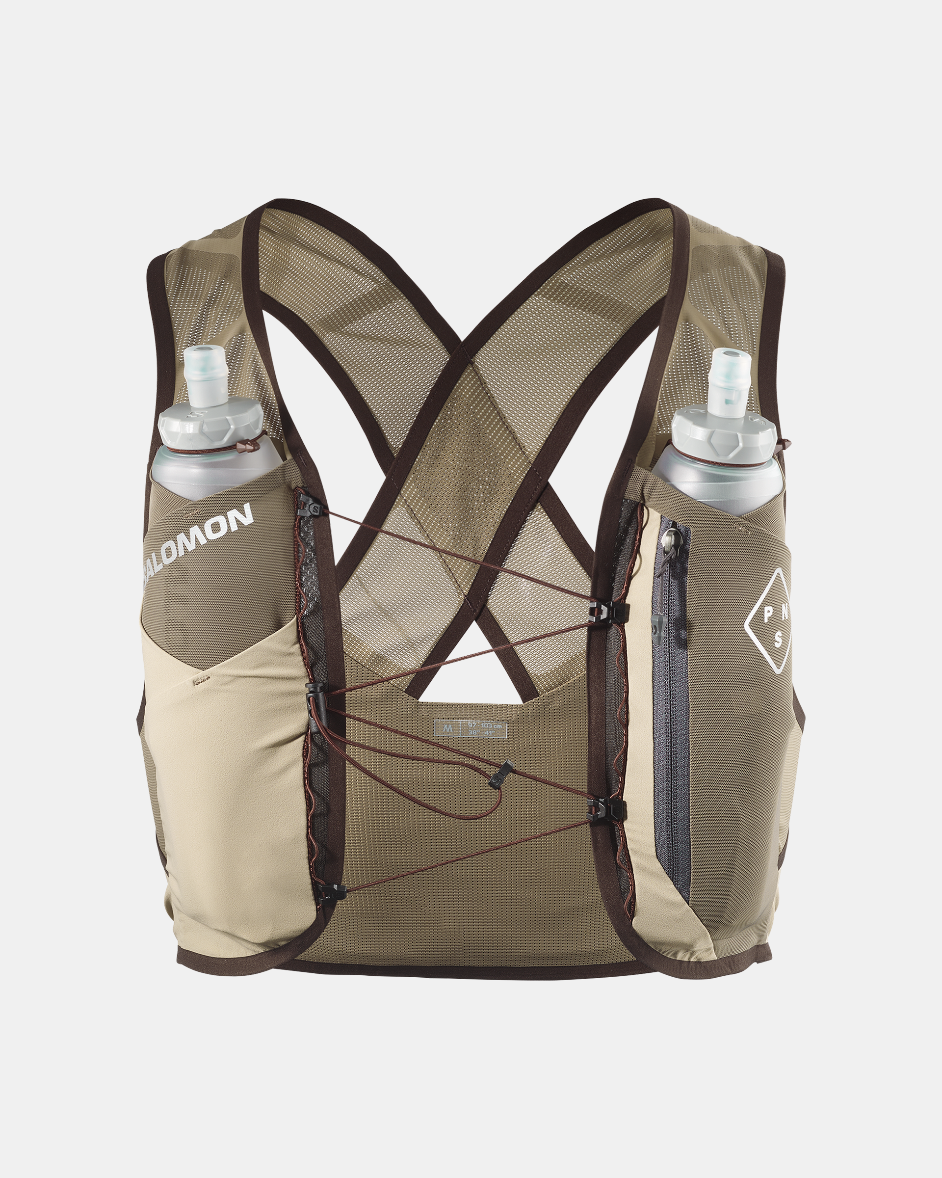 Light Brown Salomon Gravel Concept Skin 2 vest, front flat lay with two soft flasks and cross-back mesh straps