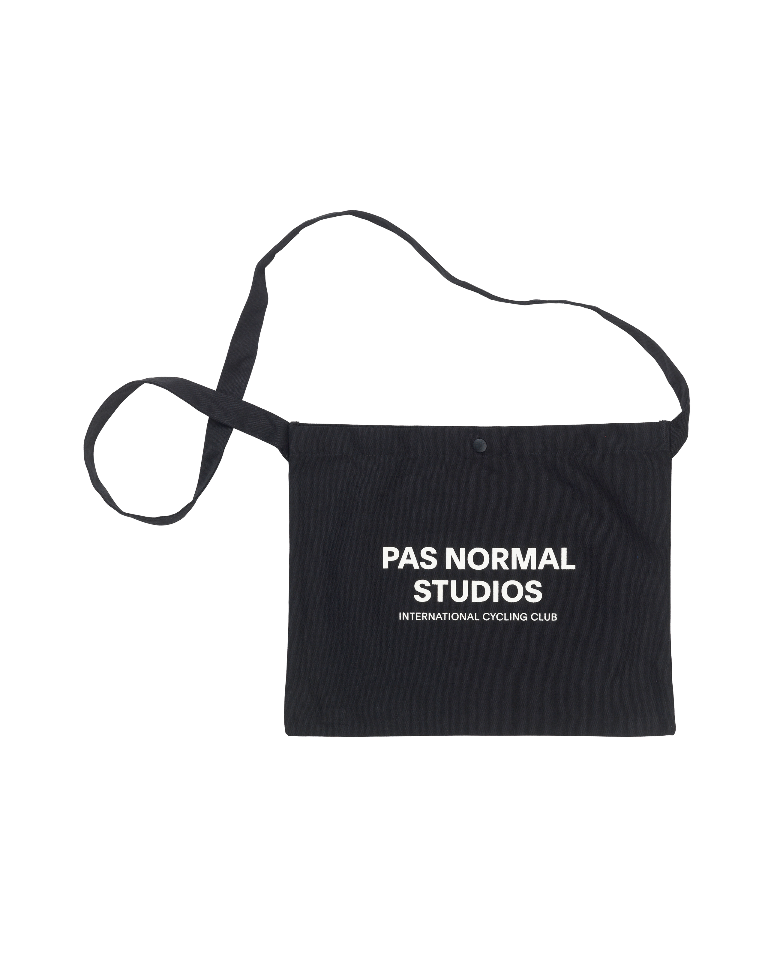 Black Off-Race Musette bag, front flat lay with white logo print and snap closure
