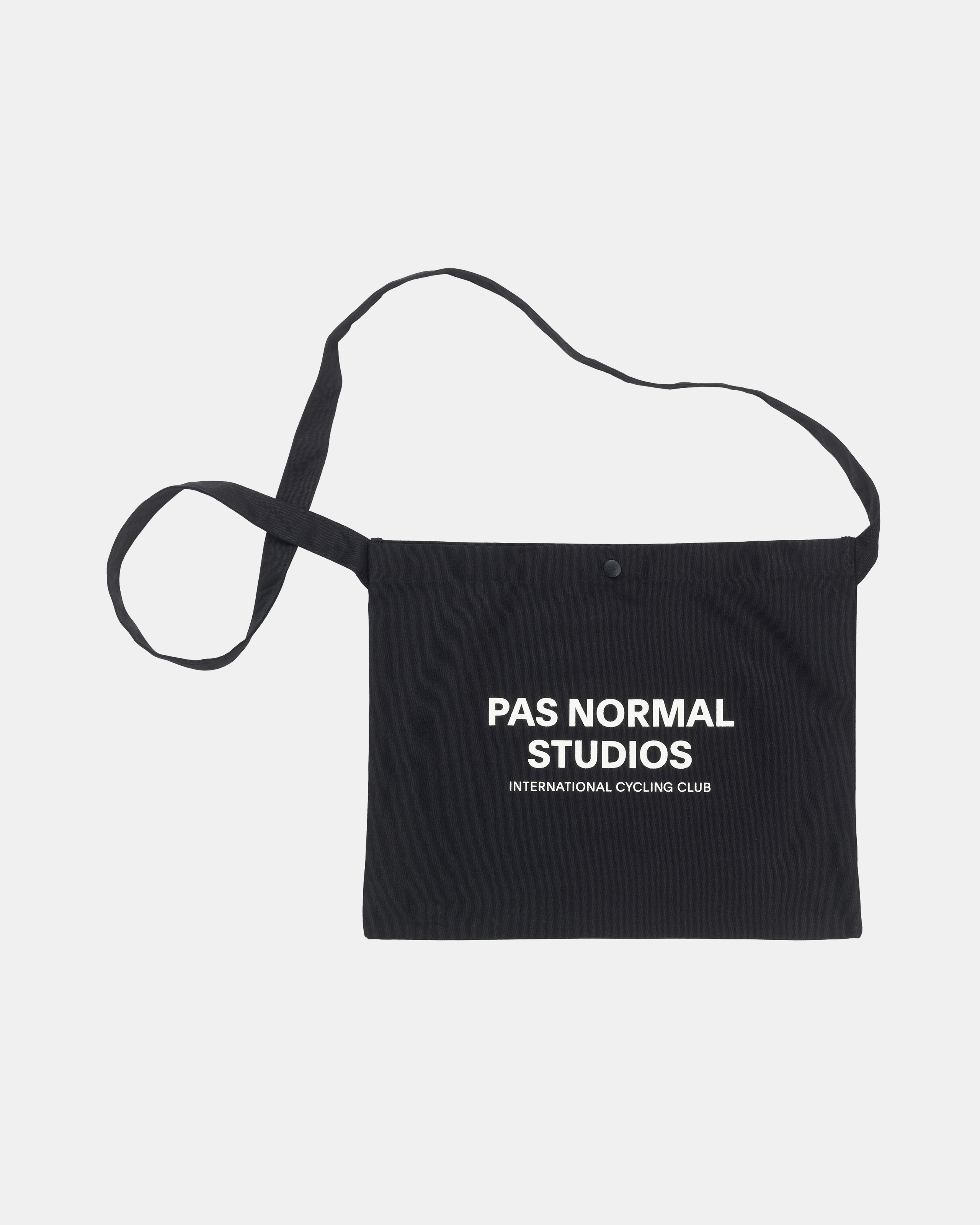 Black Off-Race Musette bag, front flat lay with white logo print and snap closure