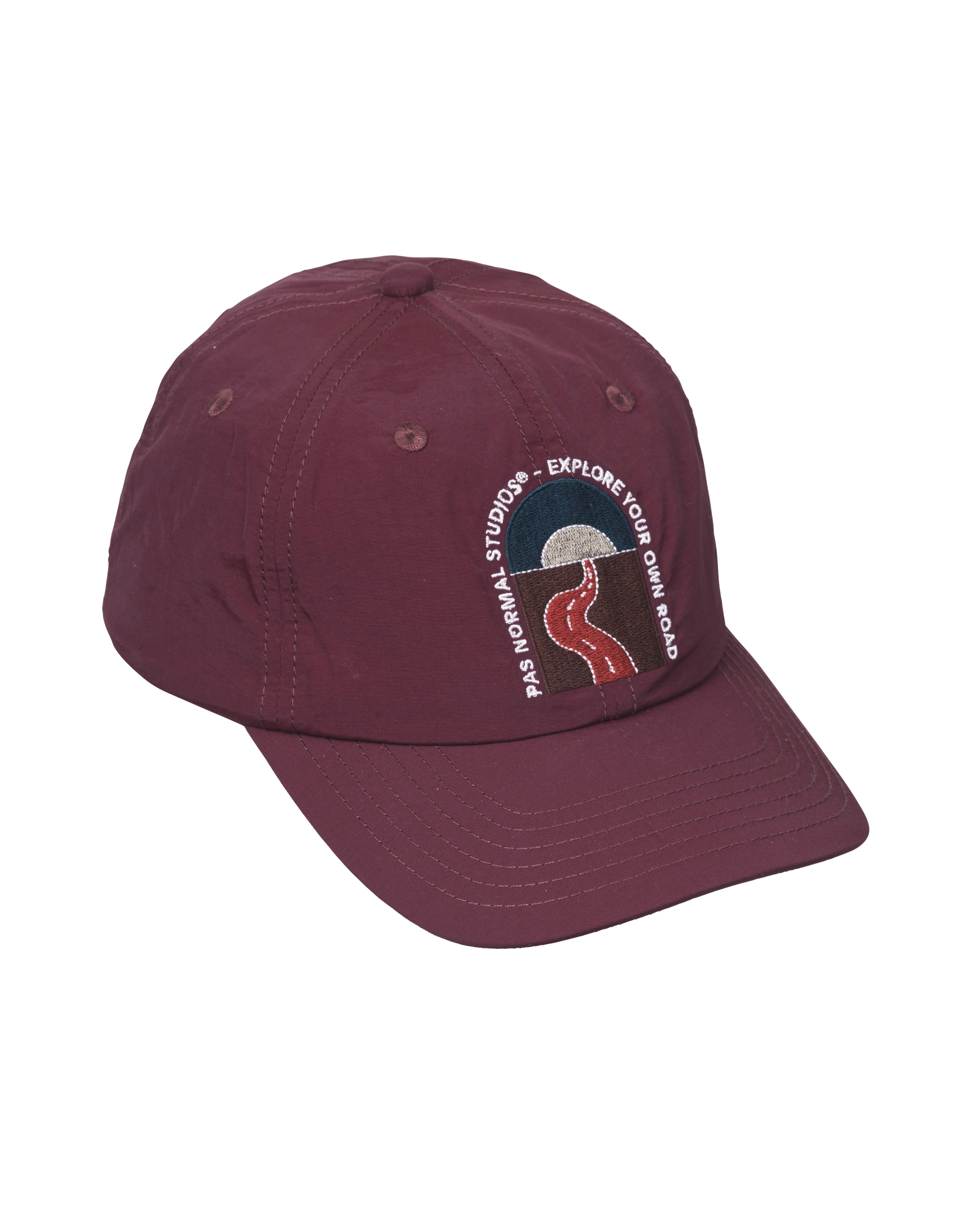 Maroon Off-Race cap, three-quarter view with circular embroidered logo on front panel