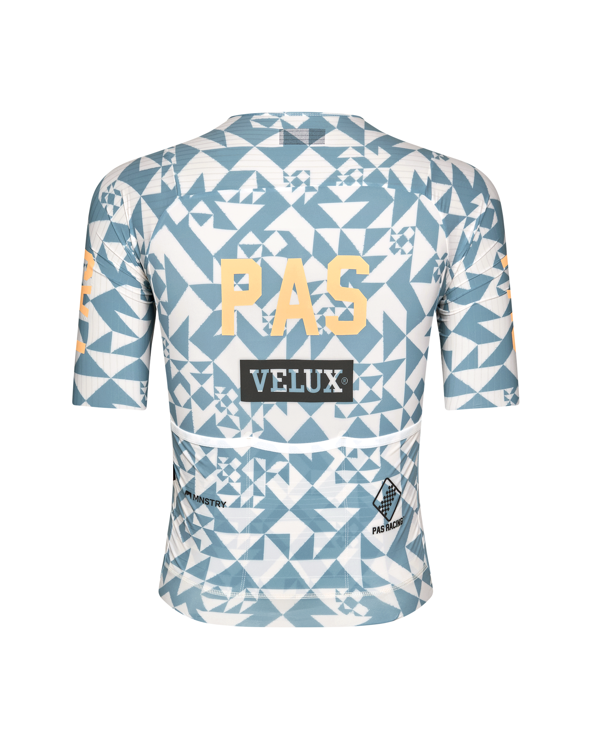 Origami Light Blue PAS Mechanism Pro cycling jersey, rear flat lay with geometric print and yellow PAS back print