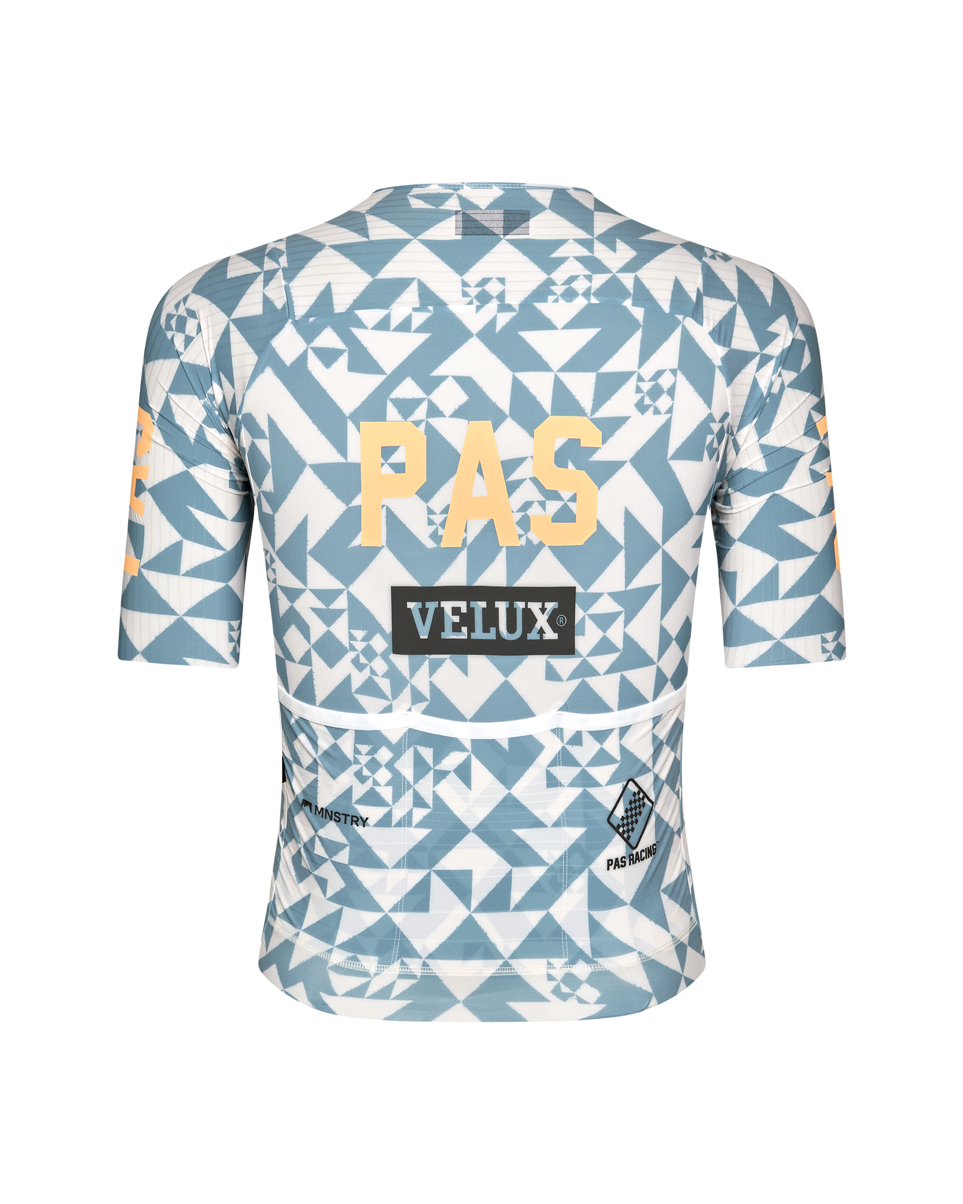 Origami Light Blue PAS Mechanism Pro cycling jersey, rear flat lay with geometric print and yellow PAS back print