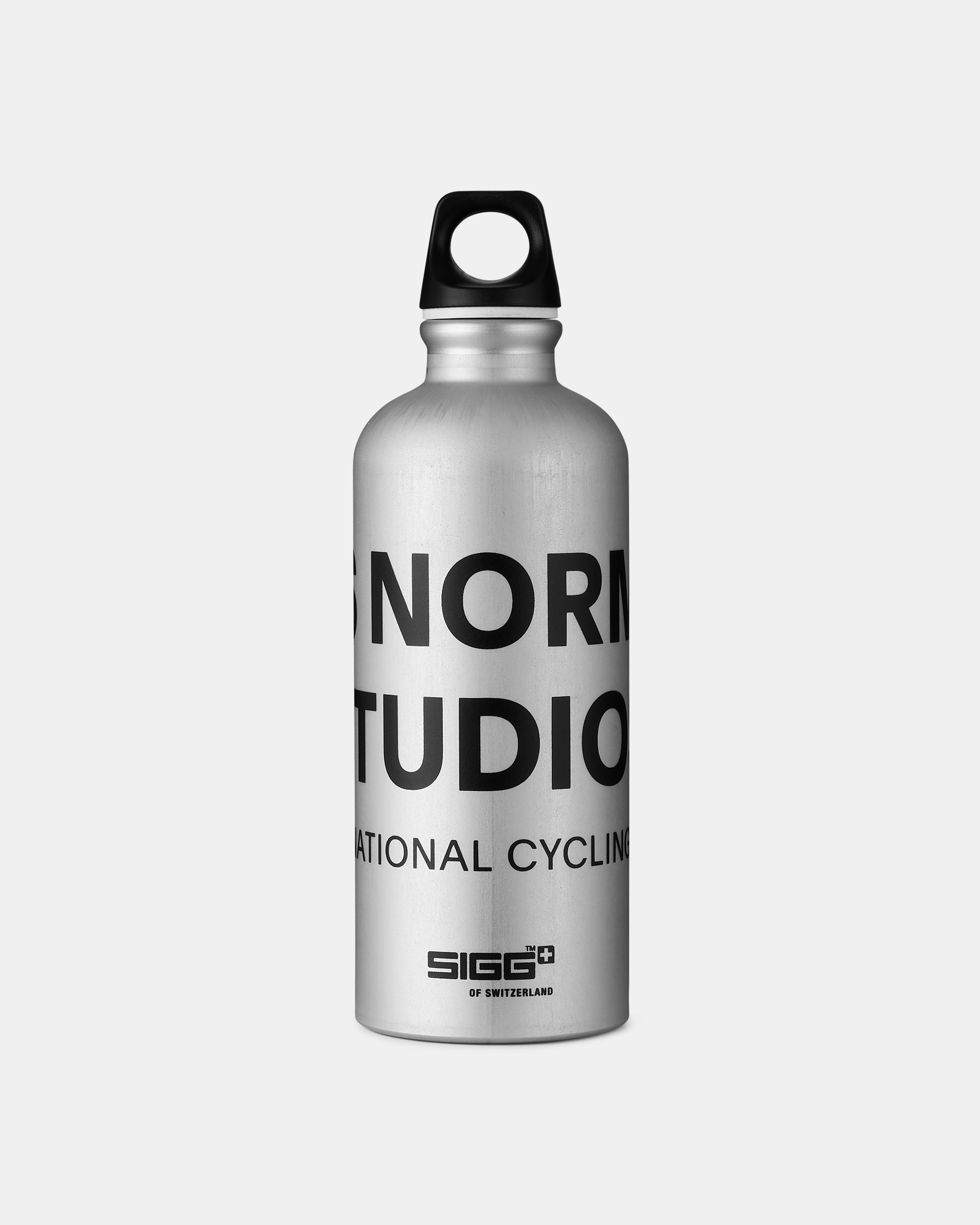 Silver Balance bottle with black cap and branded text