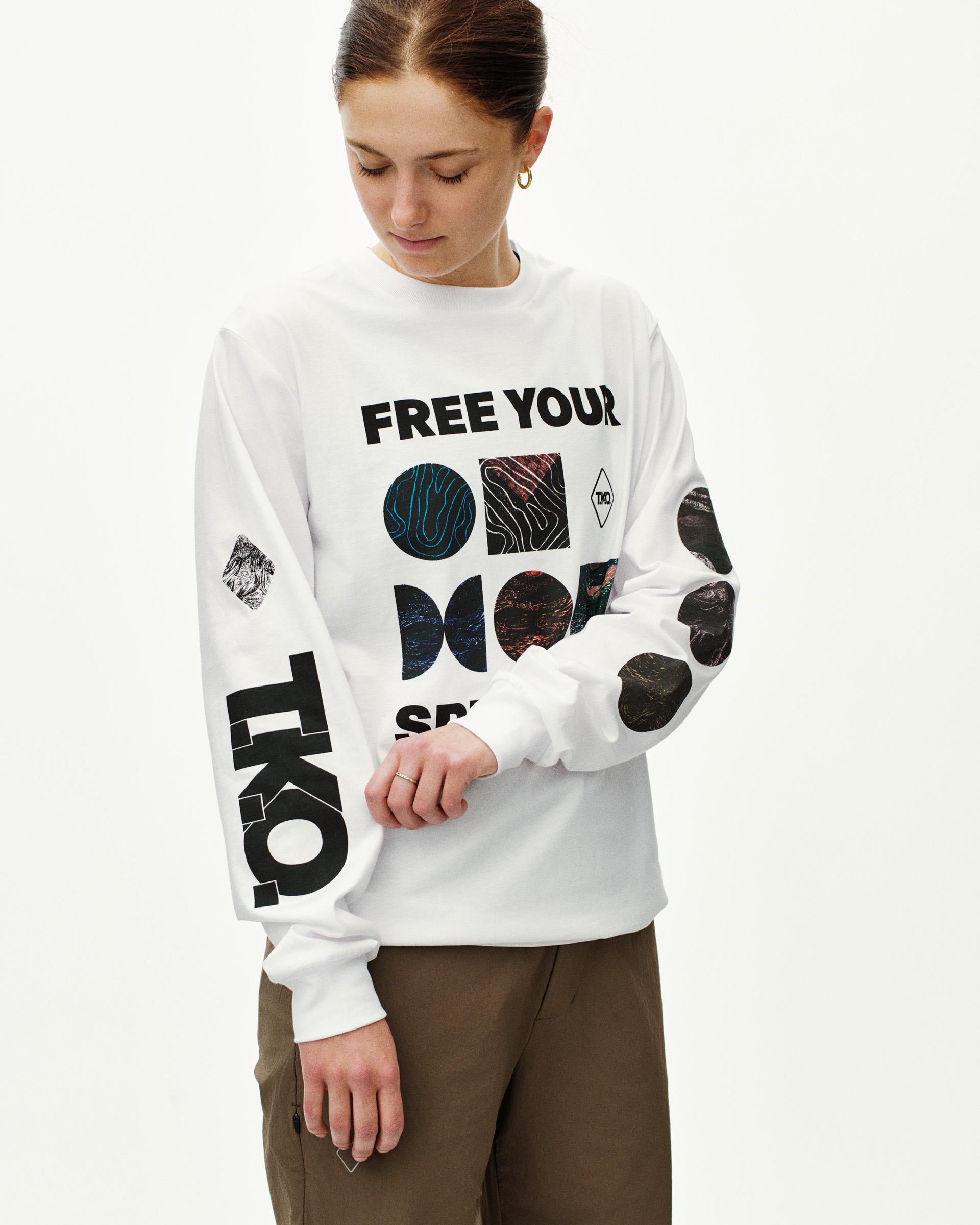 White T.K.O. Off-Race long sleeve T-shirt on model, front view with graphic chest and sleeve prints