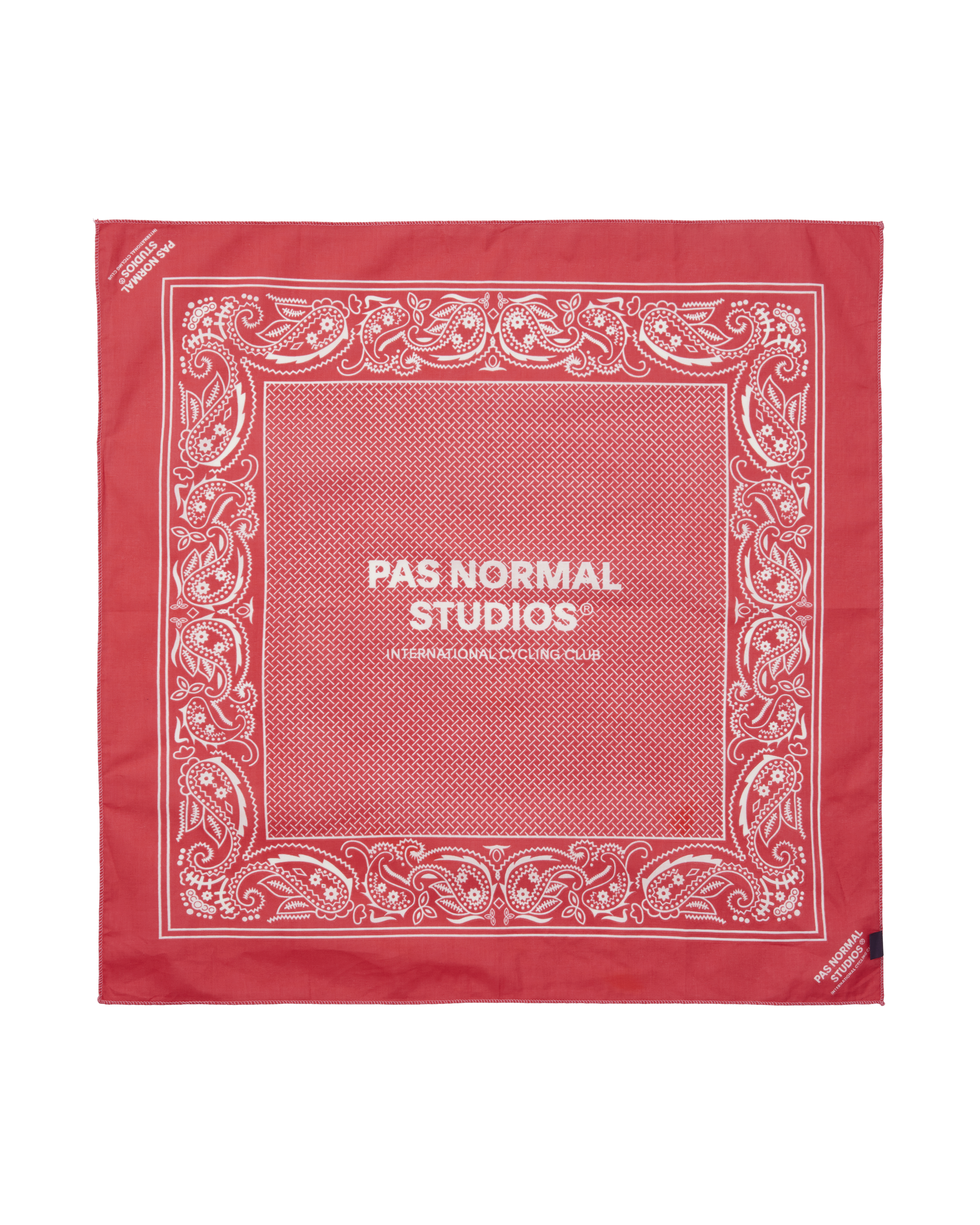 Red Off-Race bandana, flat lay with white paisley border and center logo