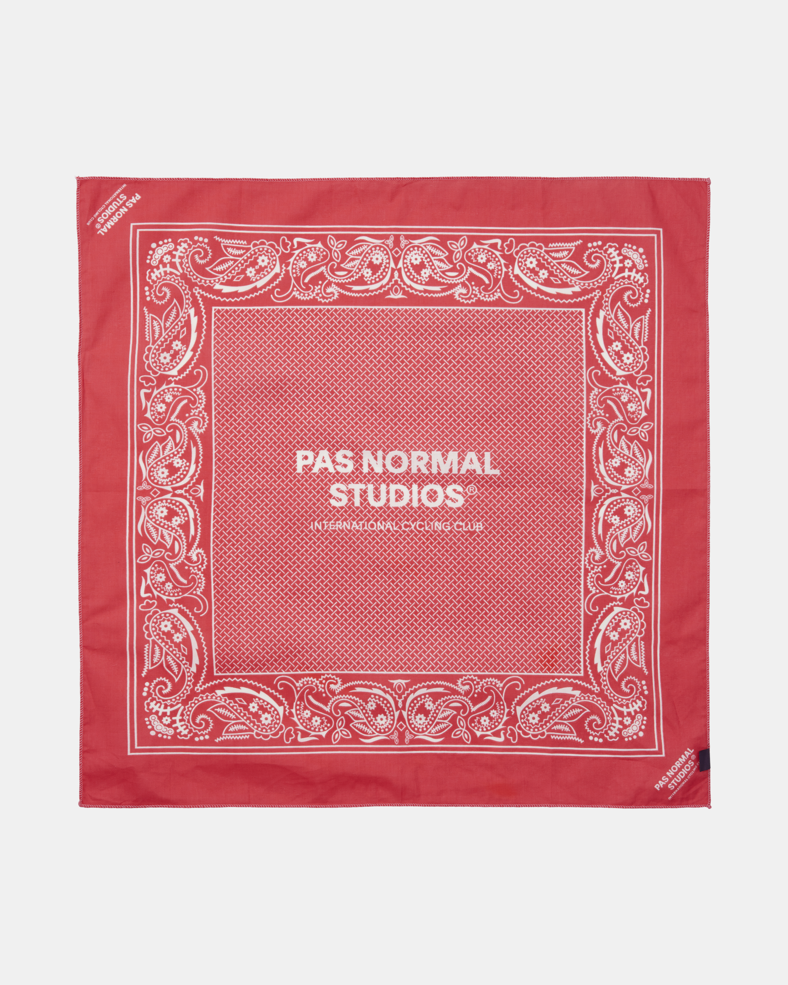 Red Off-Race bandana, flat lay with white paisley border and center logo
