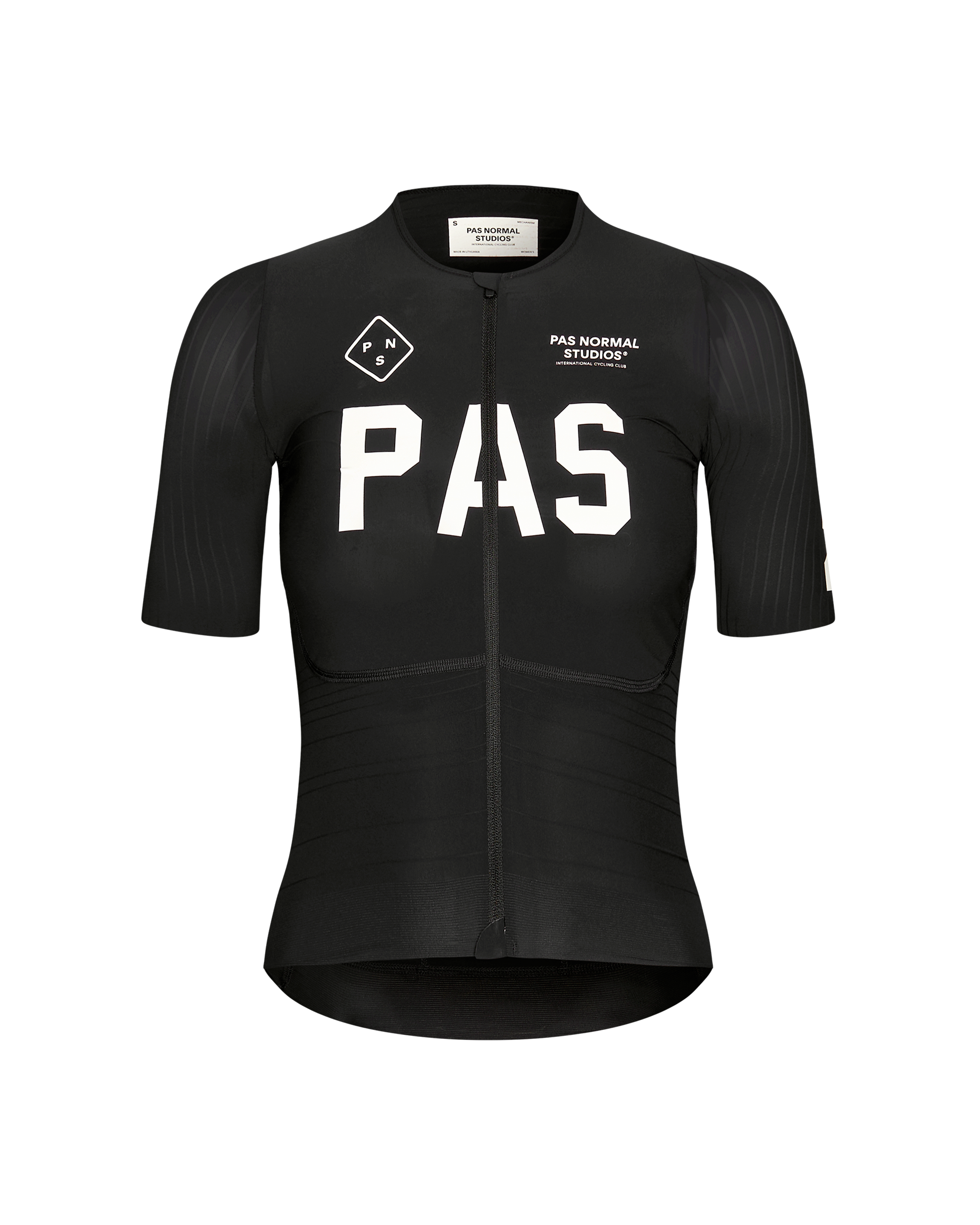 Black PAS Mechanism Pro cycling jersey, front view with white chest print and textured panels
