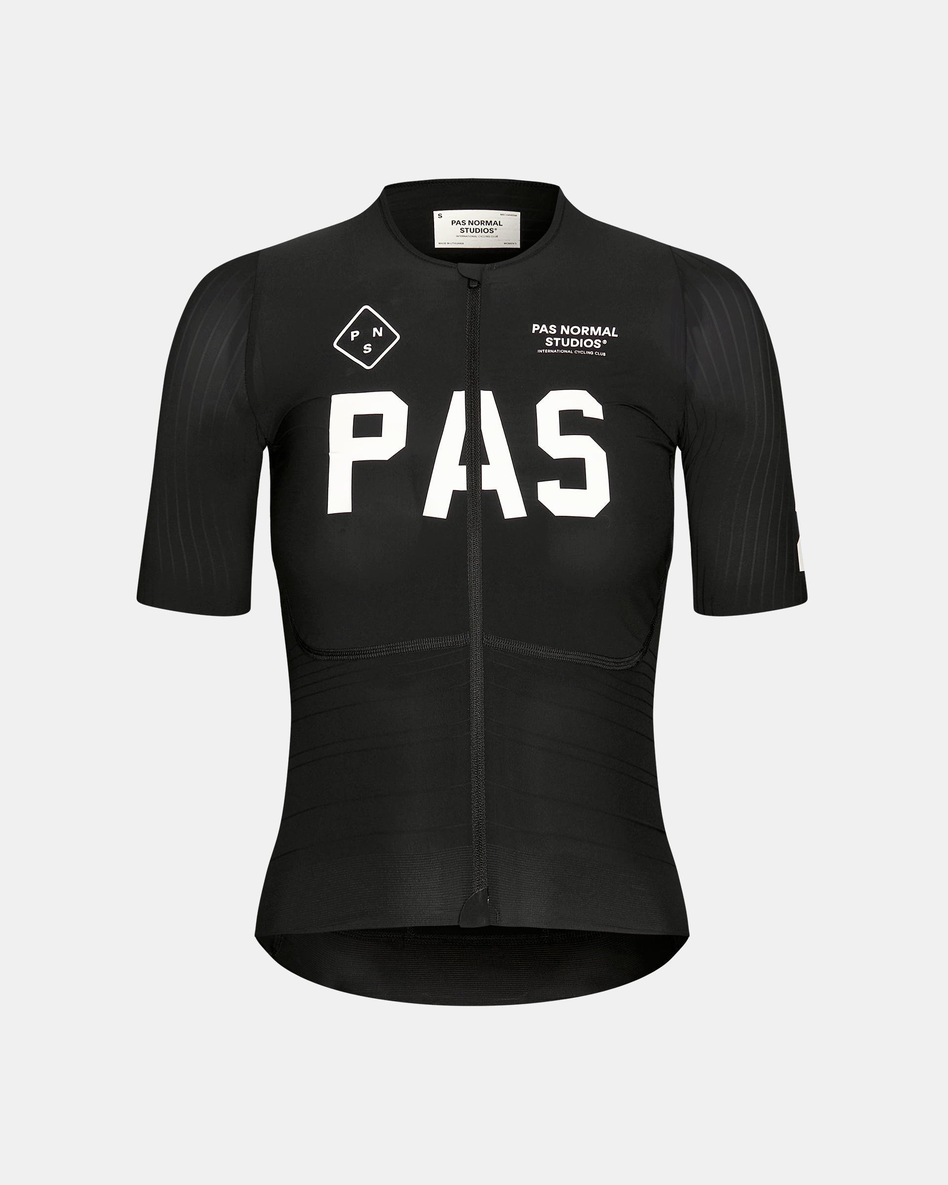 Black PAS Mechanism Pro cycling jersey, front view with white chest print and textured panels