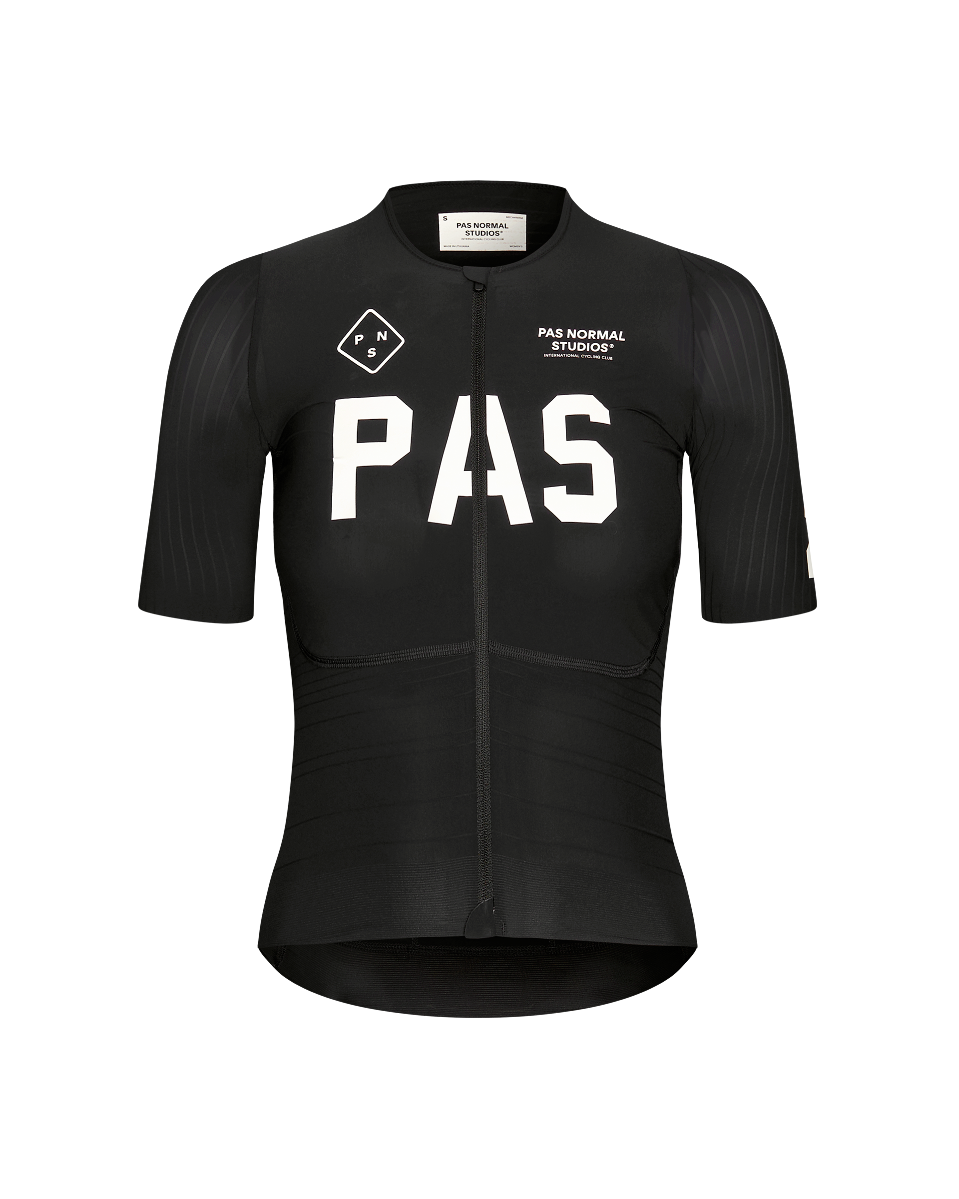 Black PAS Mechanism Pro cycling jersey, front view with white chest print and textured panels