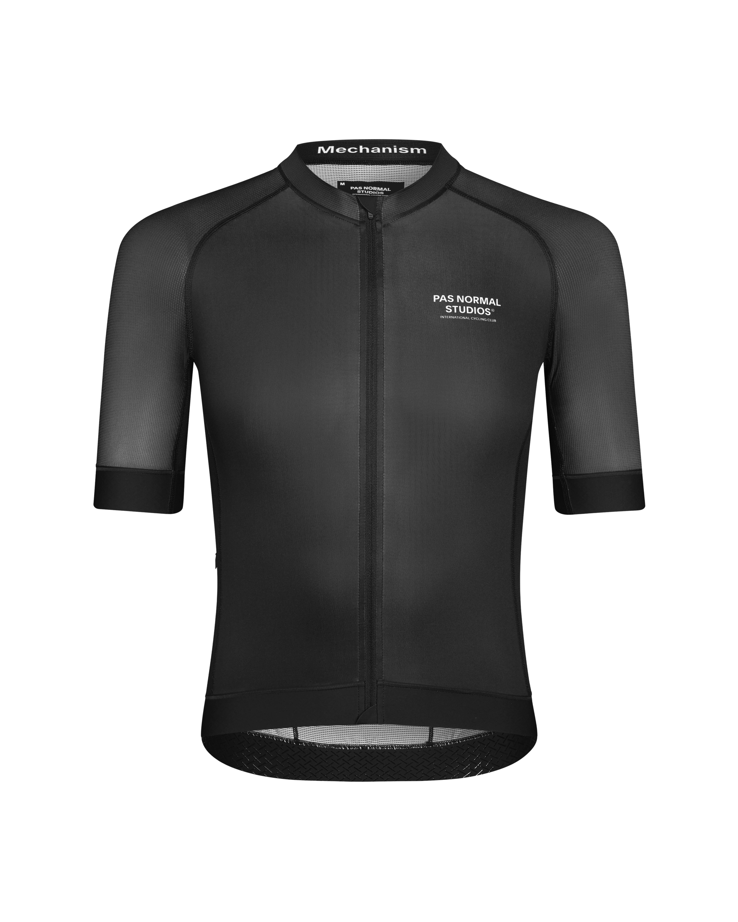 Black Mechanism cycling jersey, front view with ribbed sleeves and contrast mesh panels