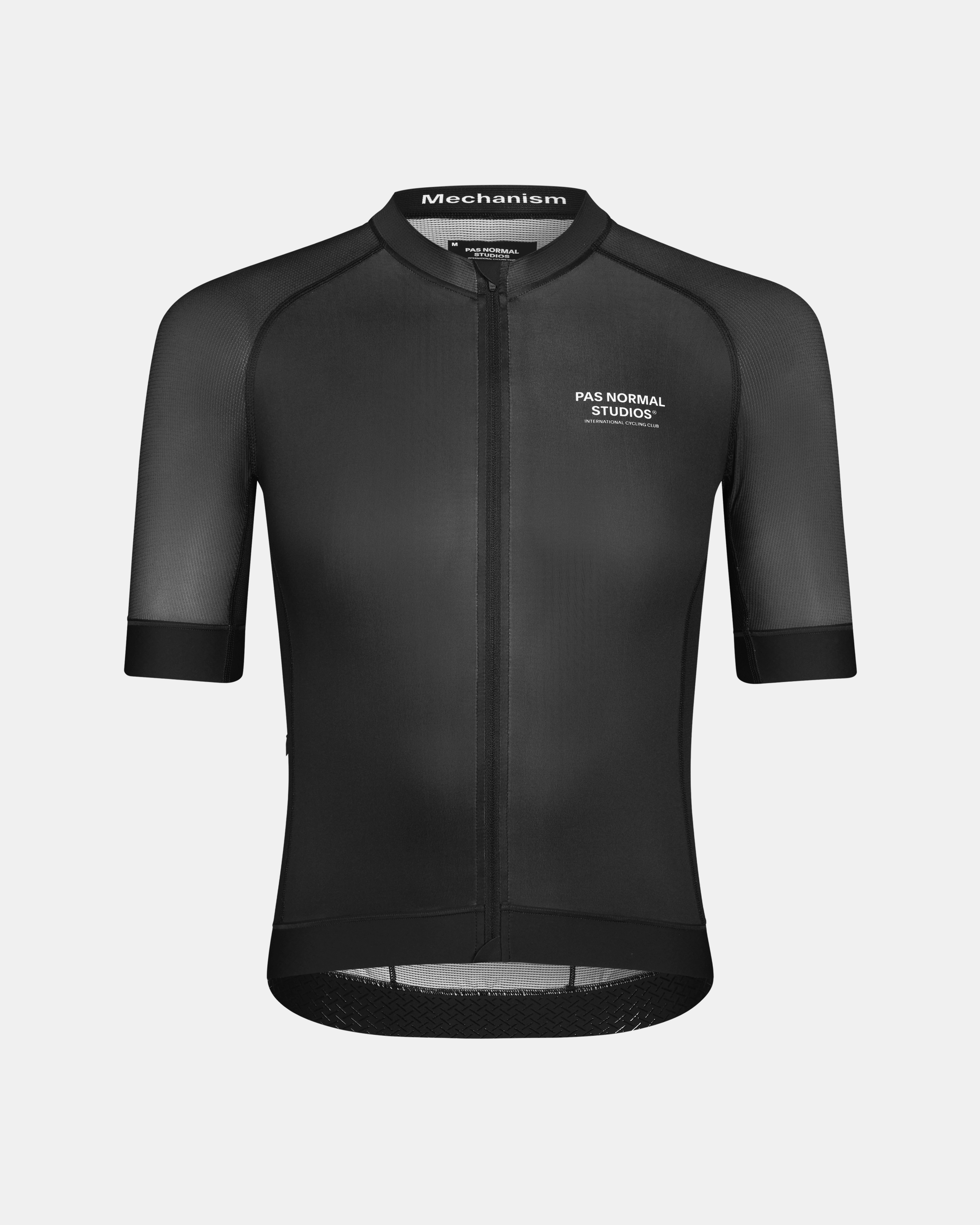 Black Mechanism cycling jersey, front view with ribbed sleeves and contrast mesh panels