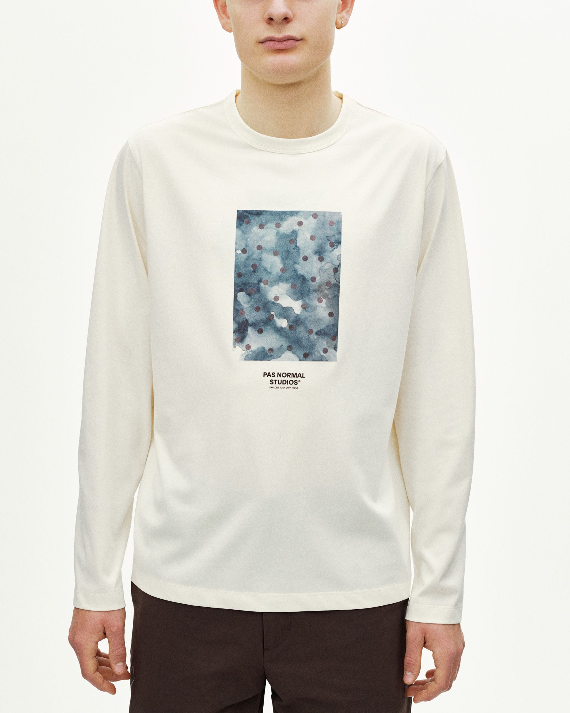Off White Off-Race Cotton Tech Graphic long sleeve t-shirt on model with blue abstract chest print