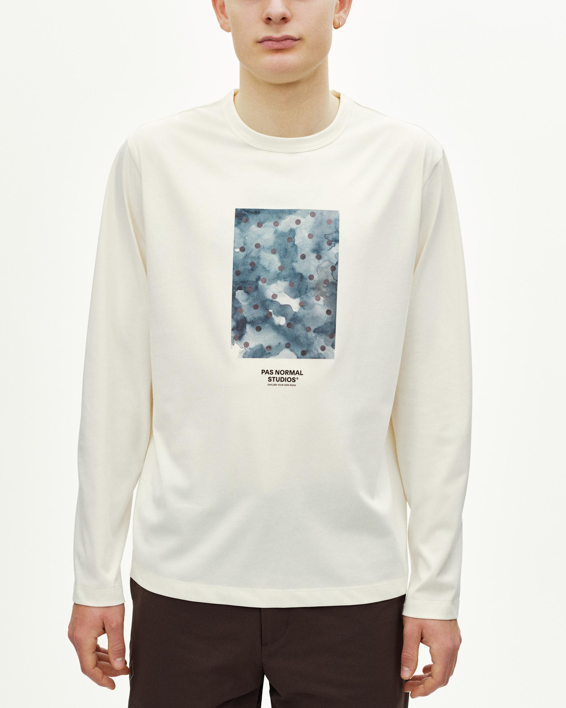 Off White Off-Race Cotton Tech Graphic long sleeve t-shirt on model with blue abstract chest print