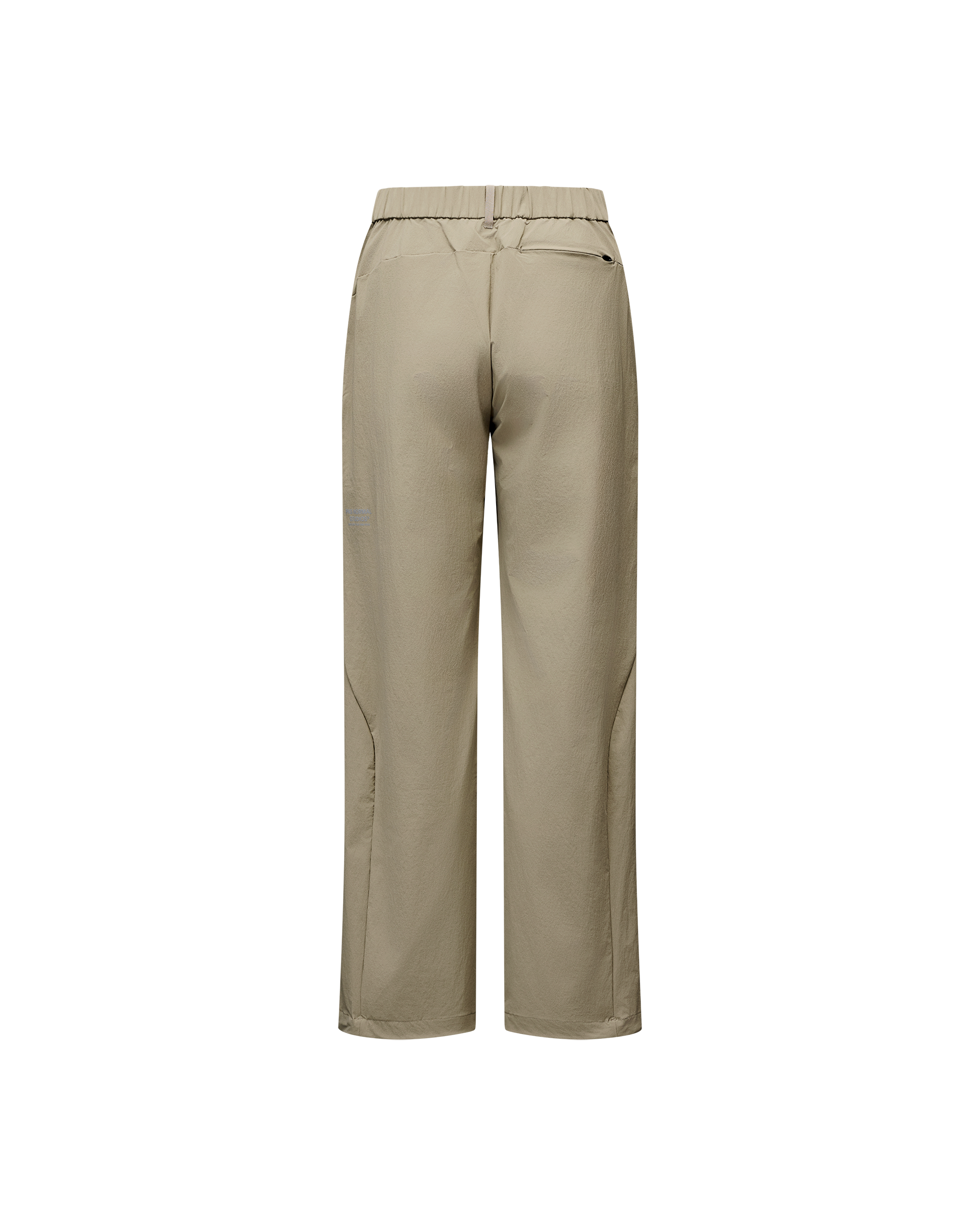 Dusty Earth khaki Off-Race Tech pants, rear flat lay with elastic waistband and zip back pocket
