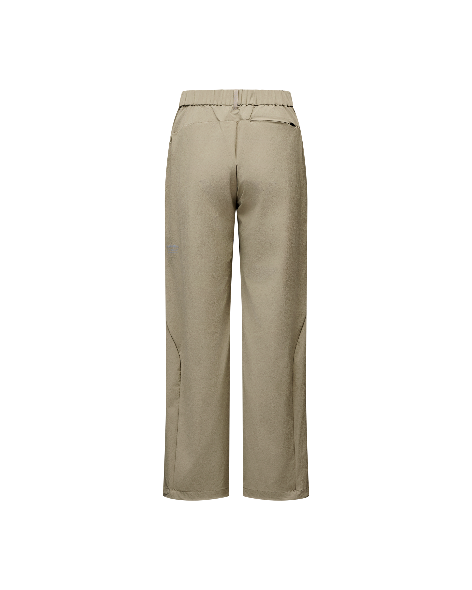 Dusty Earth khaki Off-Race Tech pants, rear flat lay with elastic waistband and zip back pocket