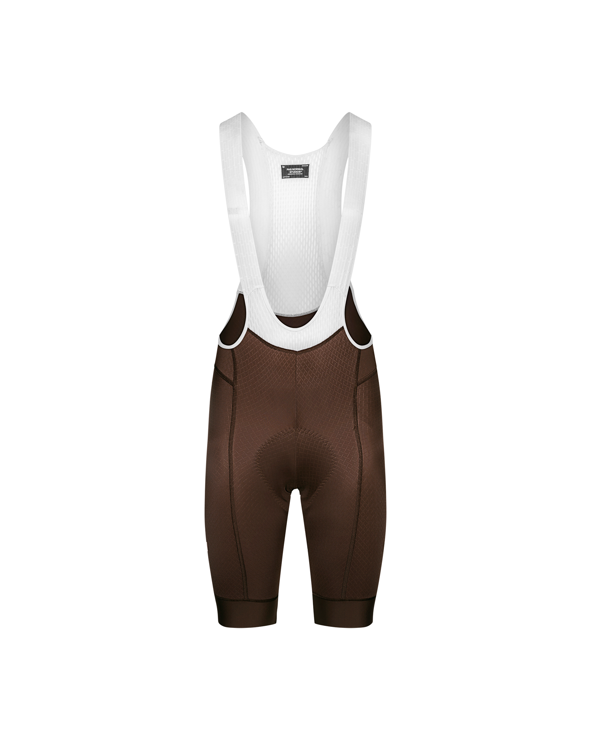 Light Brown Mechanism cycling bibs, front flat lay with white mesh straps