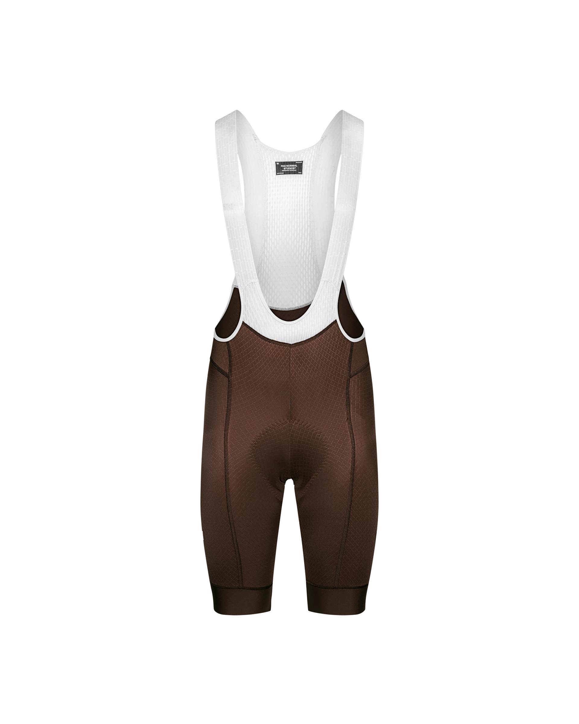 Light Brown Mechanism cycling bibs, front flat lay with white mesh straps