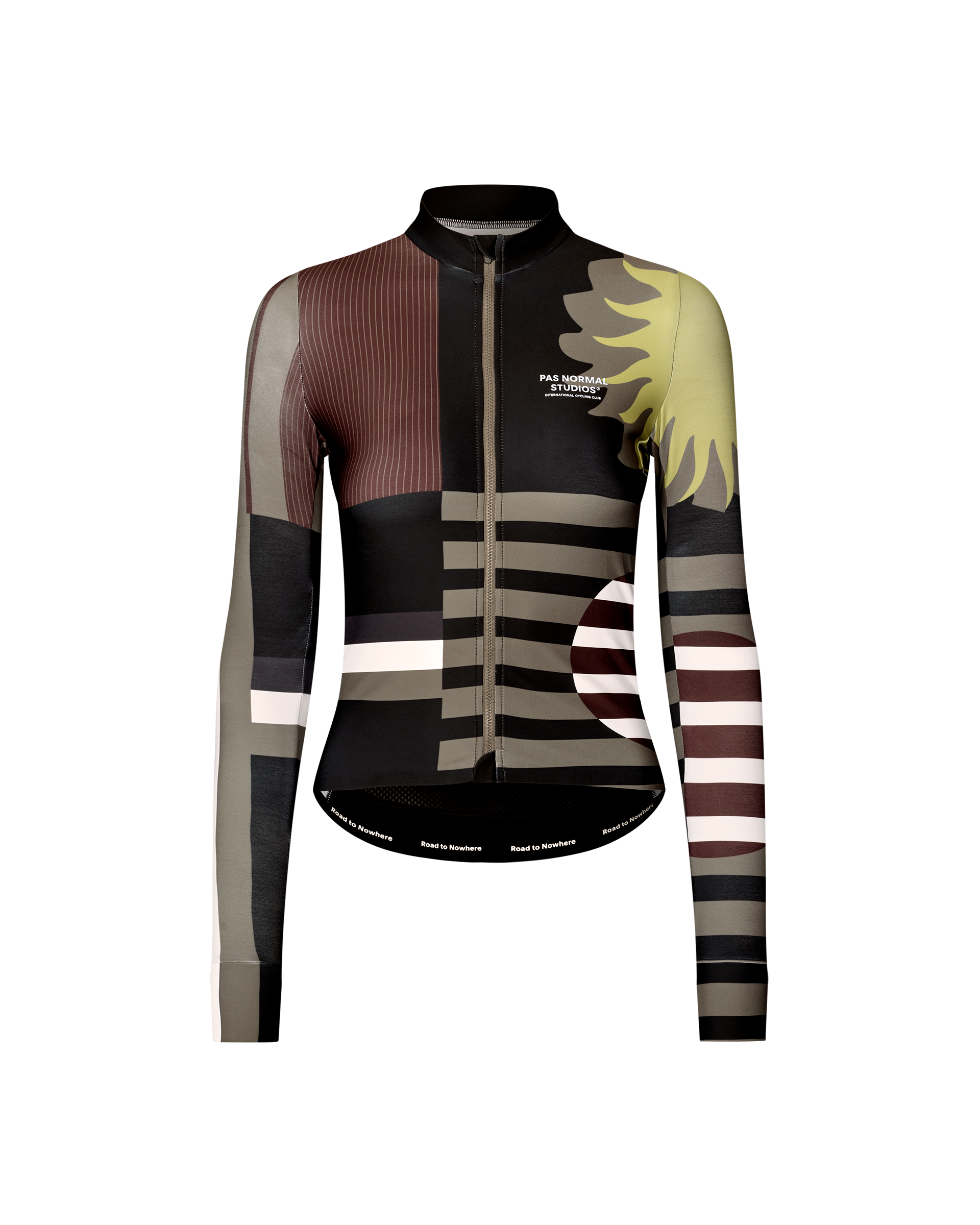 Dark Olive Mechanism women's long sleeve cycling jersey, front flat lay with abstract multicolour graphic print