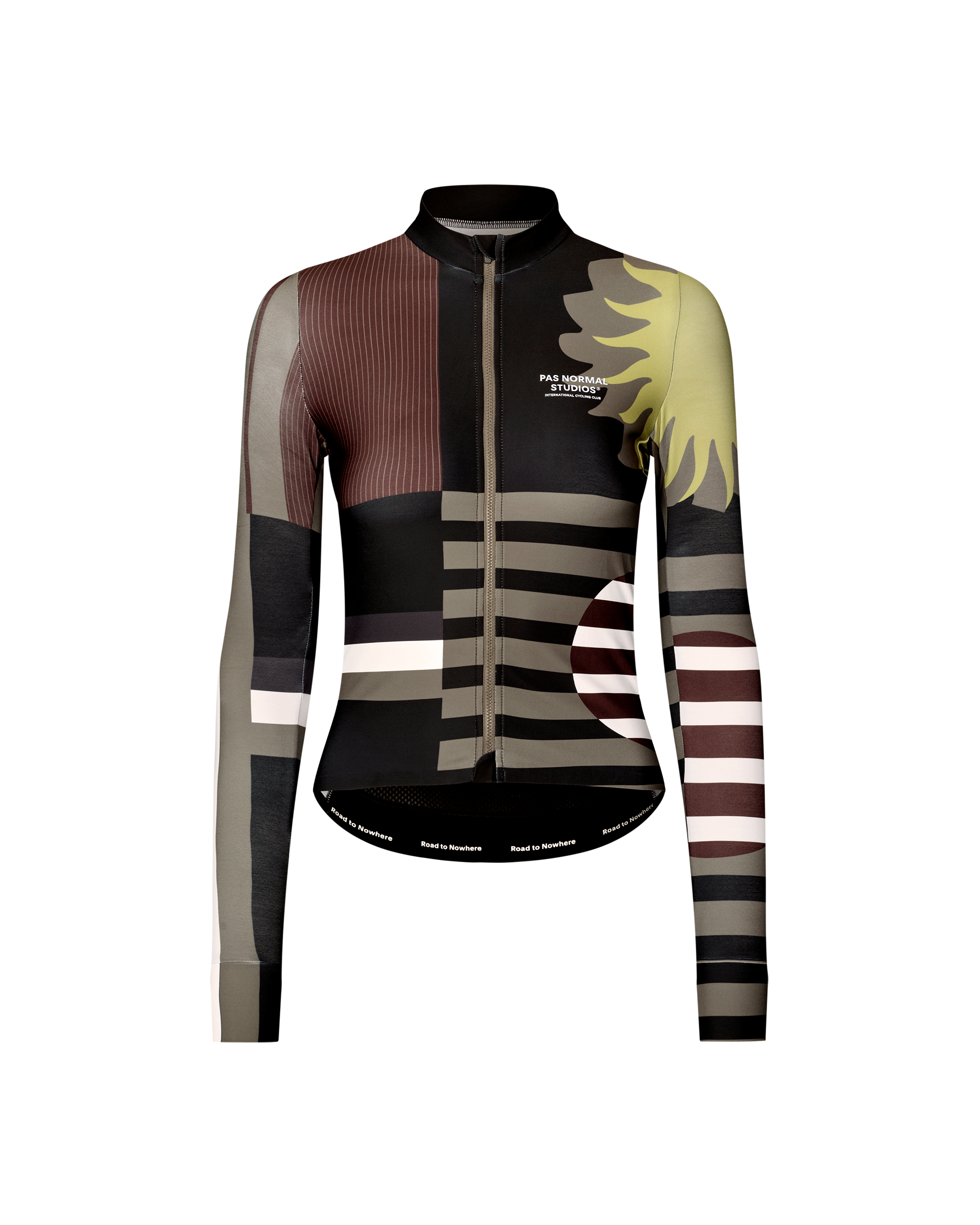 Dark Olive Mechanism women's long sleeve cycling jersey, front flat lay with abstract multicolour graphic print