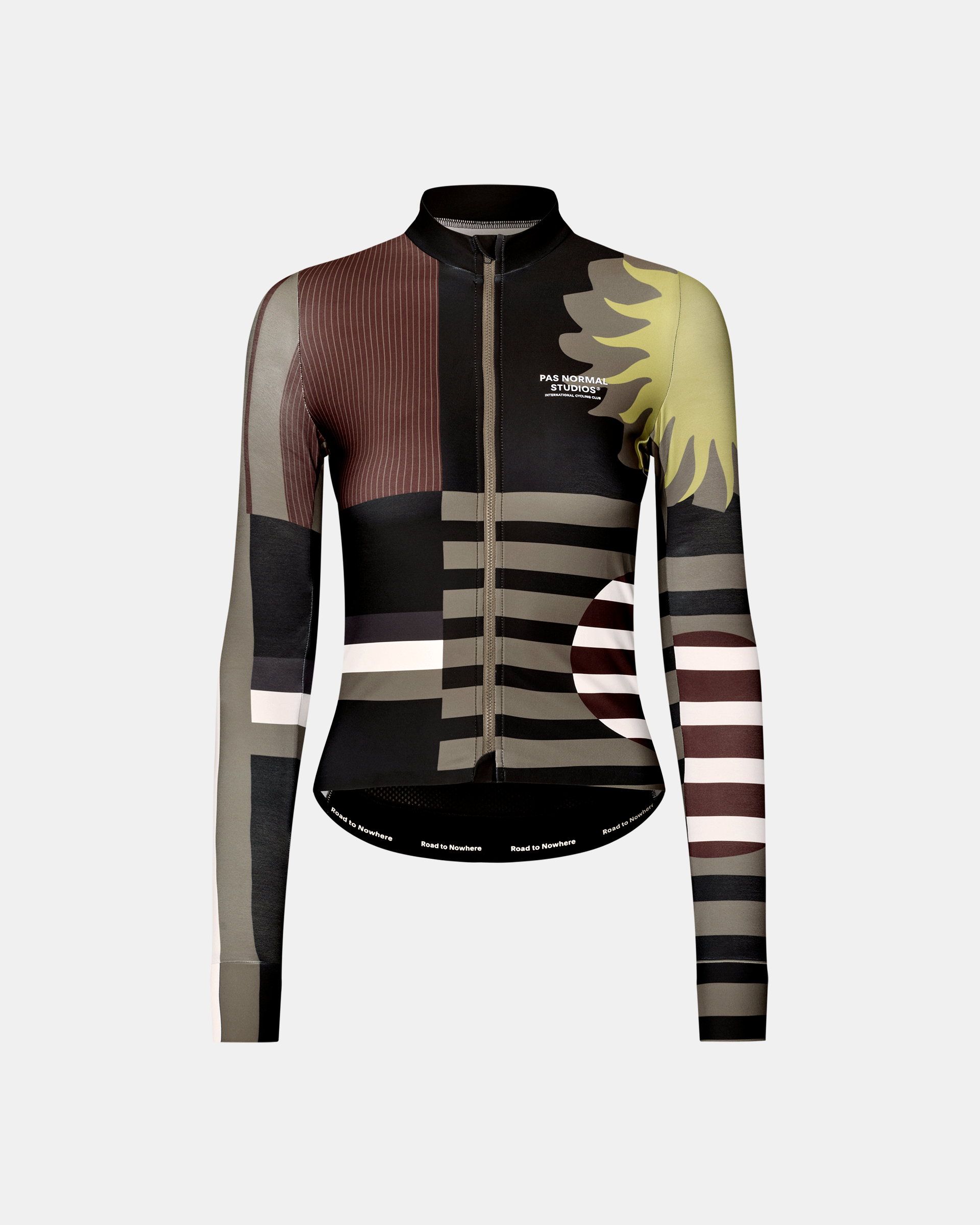 Dark Olive Mechanism women's long sleeve cycling jersey, front flat lay with abstract multicolour graphic print