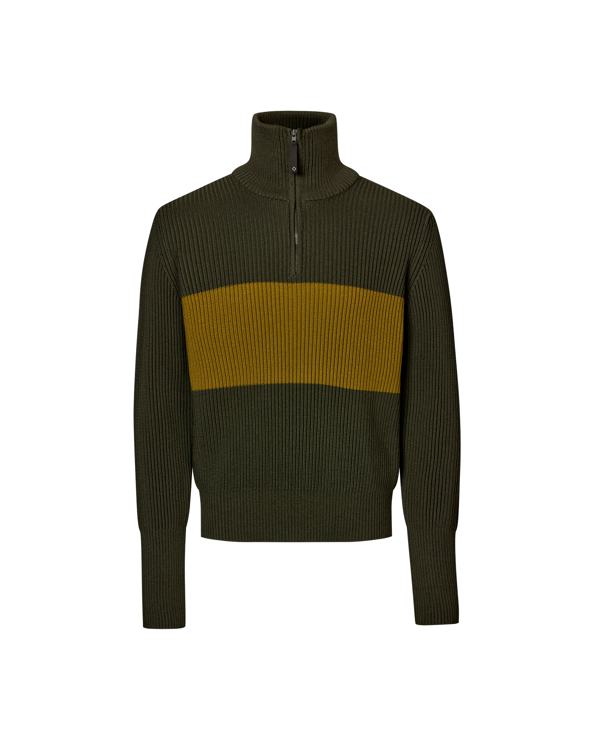 Olive Off-Race Merino Knit Half-Zip sweater, front flat lay with contrast mustard chest stripe