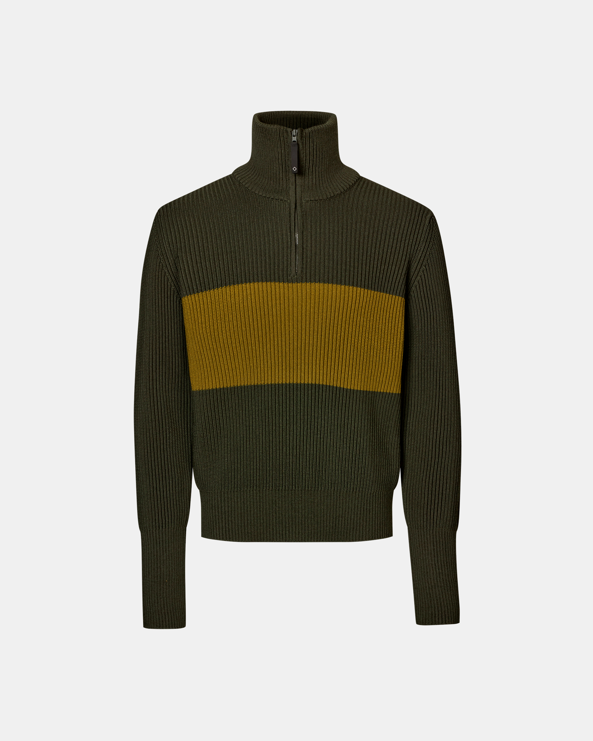 Olive Off-Race Merino Knit Half-Zip sweater, front flat lay with contrast mustard chest stripe