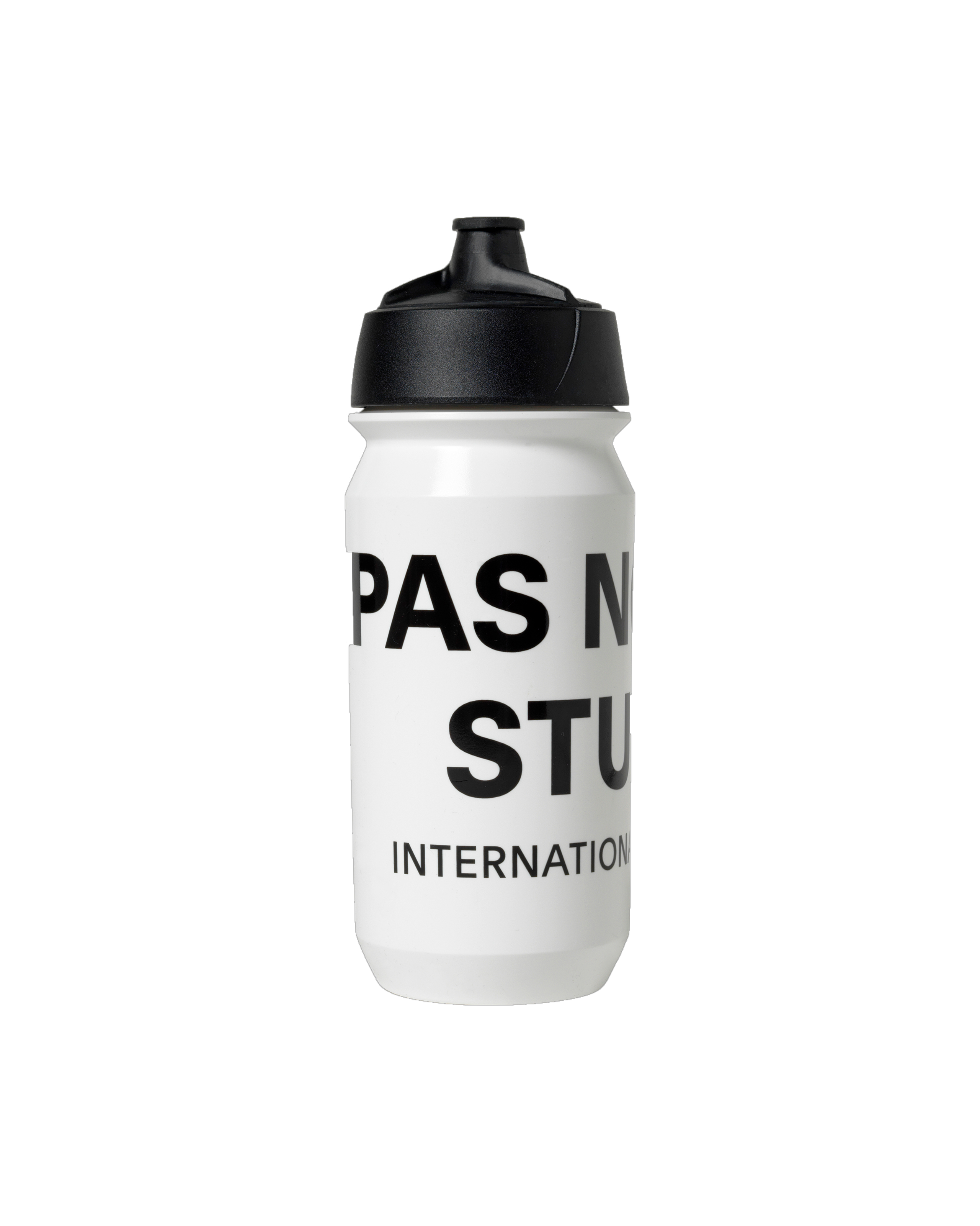 White Essential Logo cycling water bottle with black cap and text