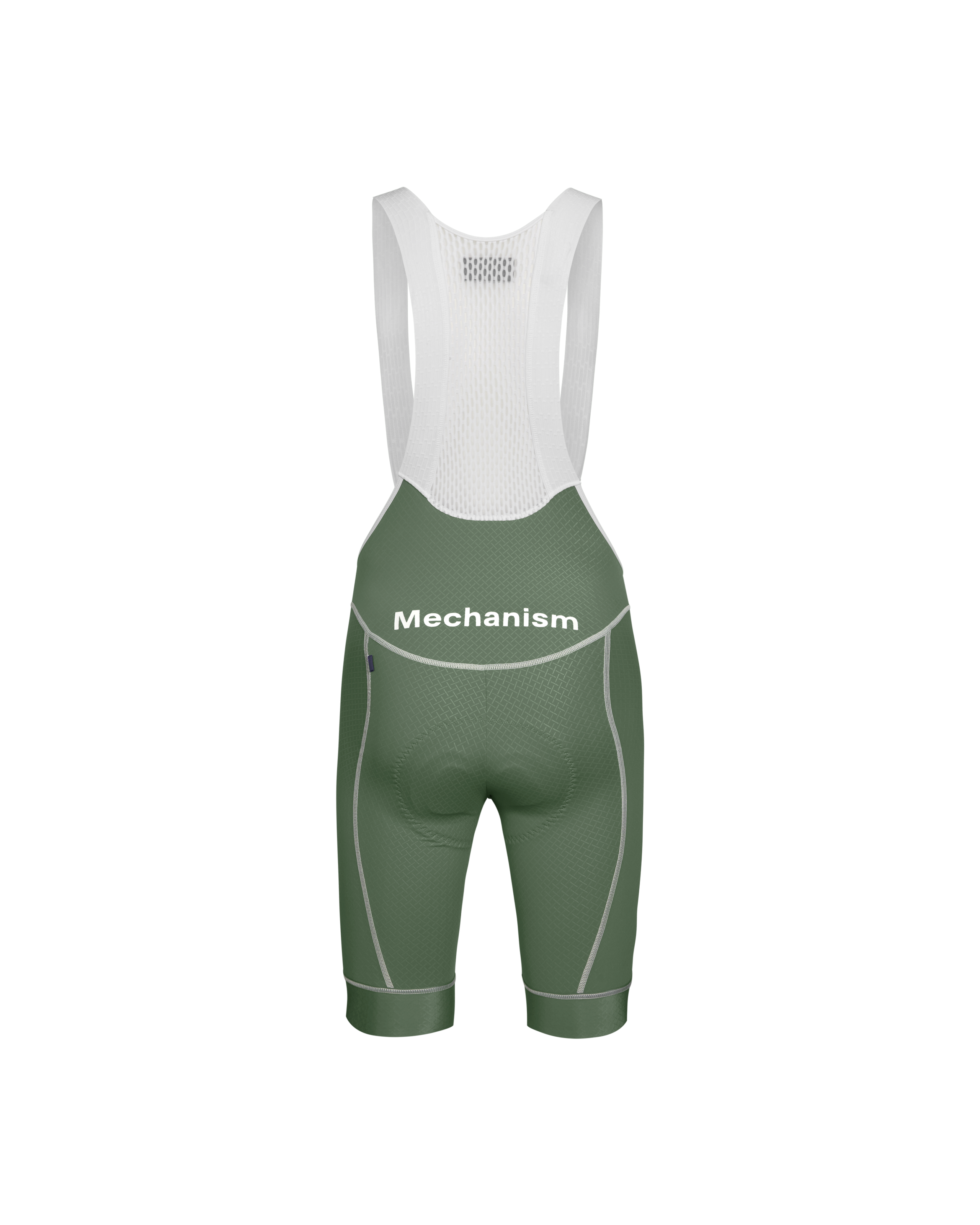 Khaki Green Mechanism cycling bibs, front flat lay with white mesh bib and contrast seaming
