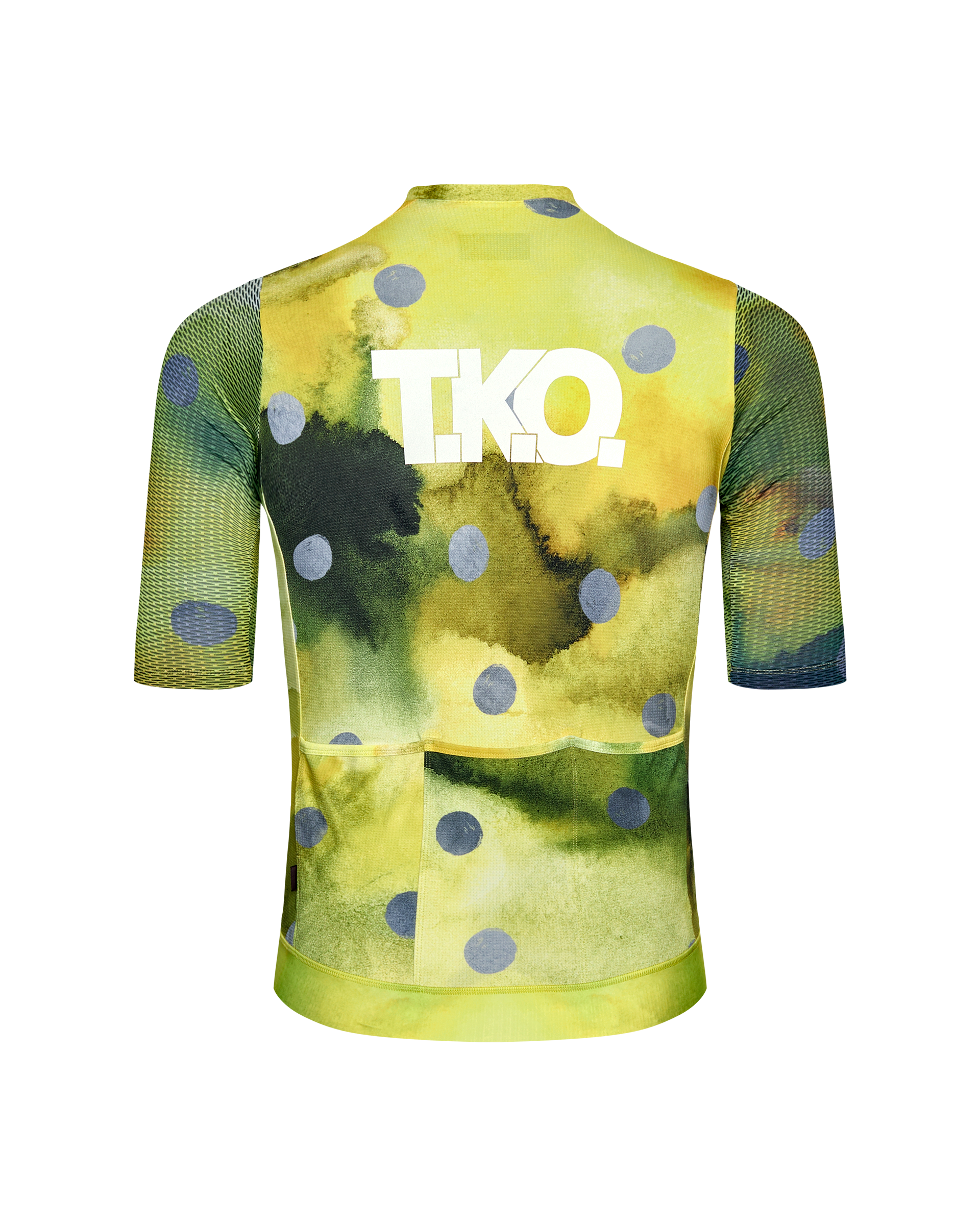 Yellow T.K.O. Essential Light cycling jersey, rear view with watercolor print and mesh sleeves