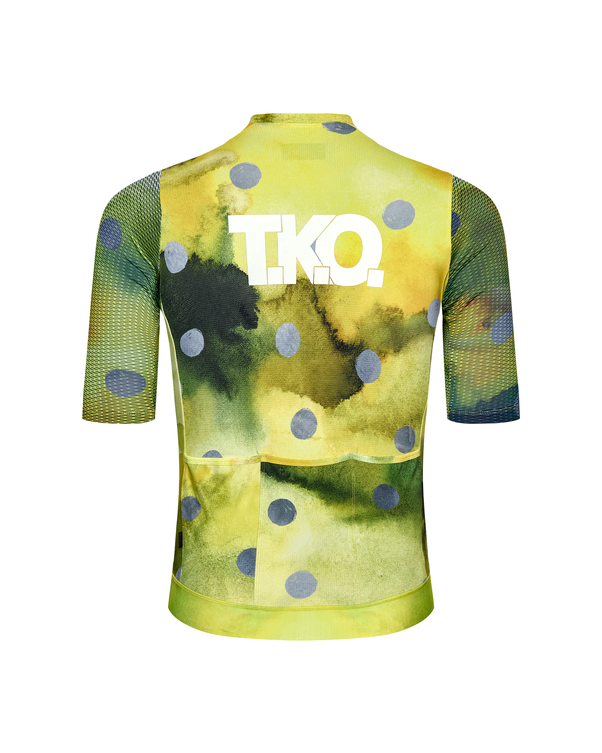 Yellow T.K.O. Essential Light cycling jersey, rear view with watercolor print and mesh sleeves