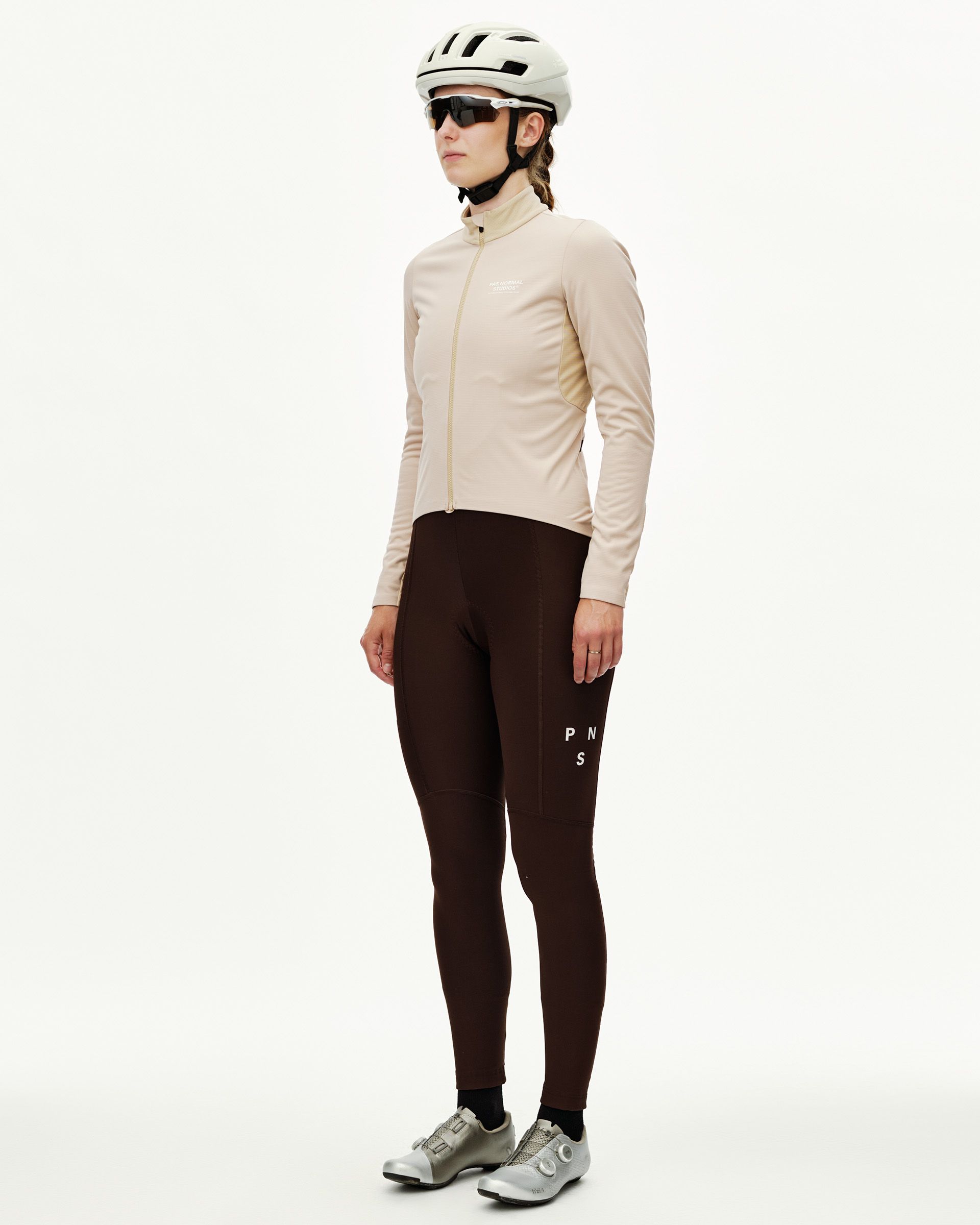 Linen Mechanism Thermal Long Sleeve cycling jersey on model, three-quarter front view with full zip and mock neck