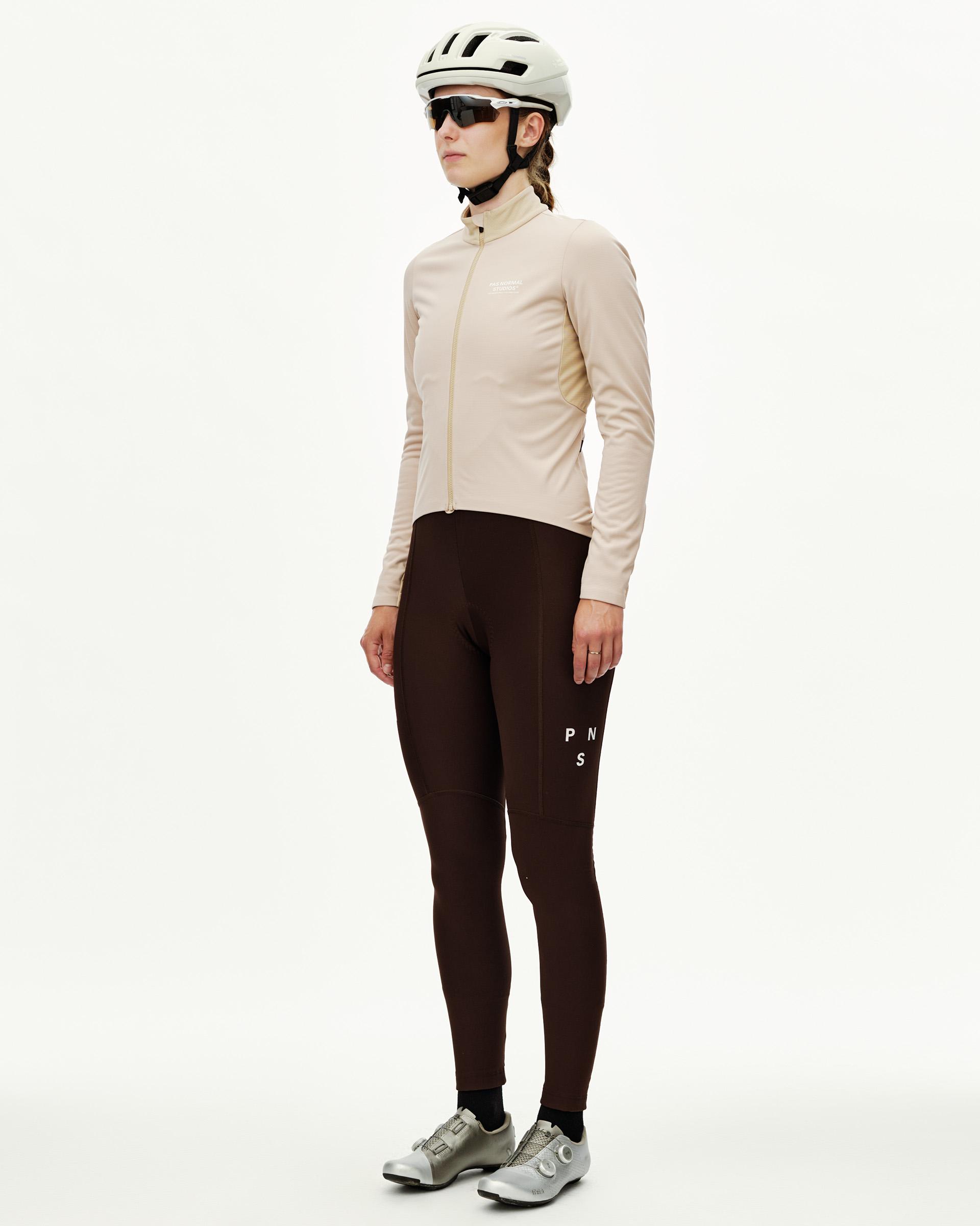 Linen Mechanism Thermal Long Sleeve cycling jersey on model, three-quarter front view with full zip and mock neck