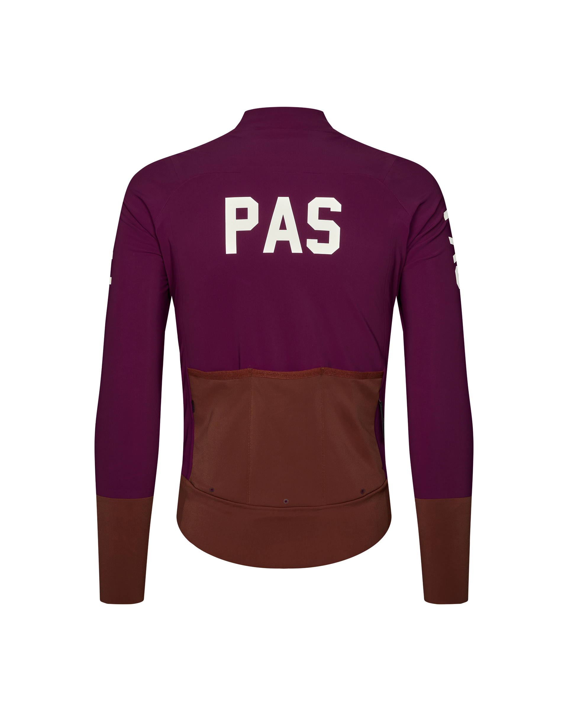 Dark Purple PAS Mechanism thermal cycling jacket, rear flat lay with brown pocket panel and white PAS back print