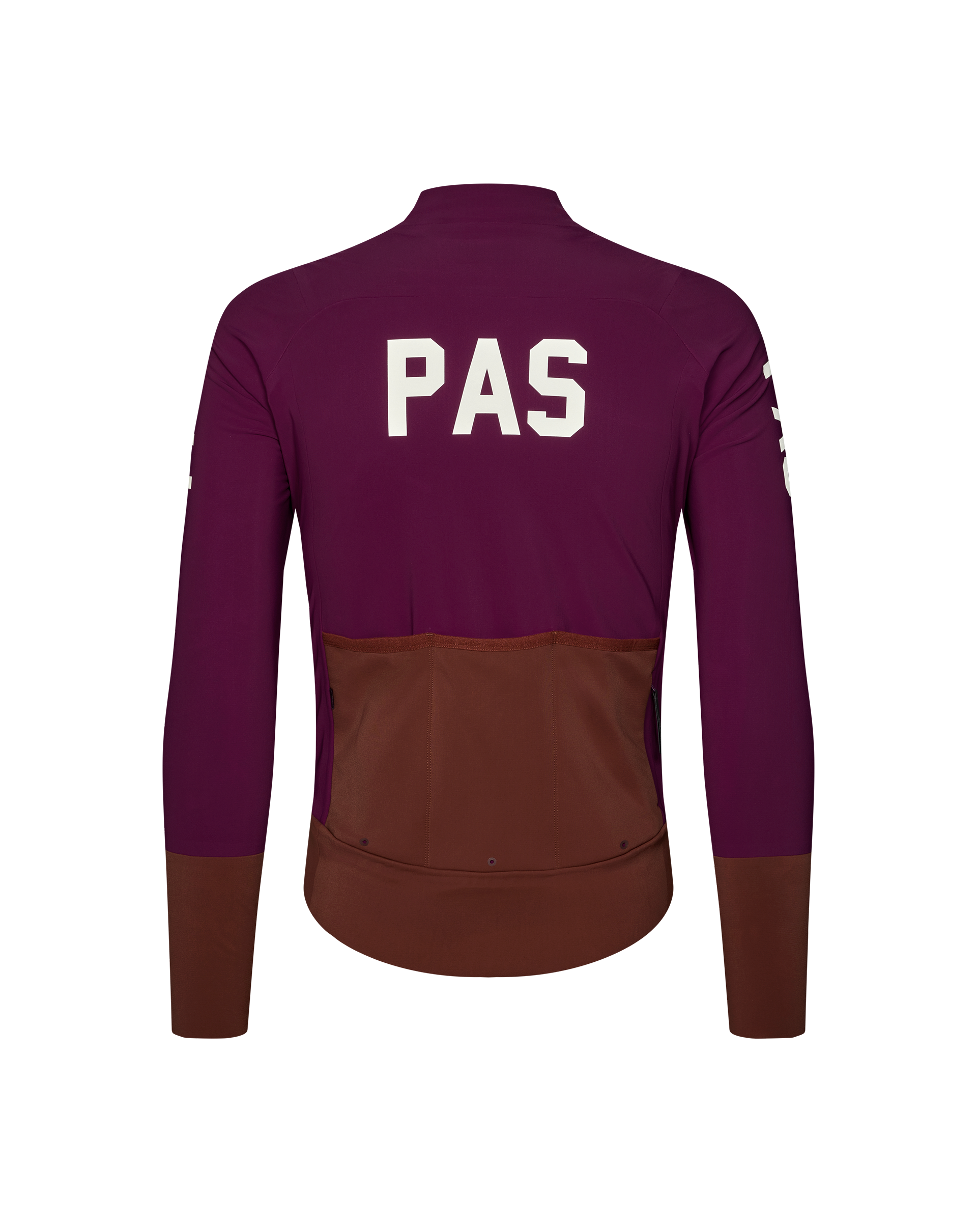 Dark Purple PAS Mechanism thermal cycling jacket, rear flat lay with brown pocket panel and white PAS back print