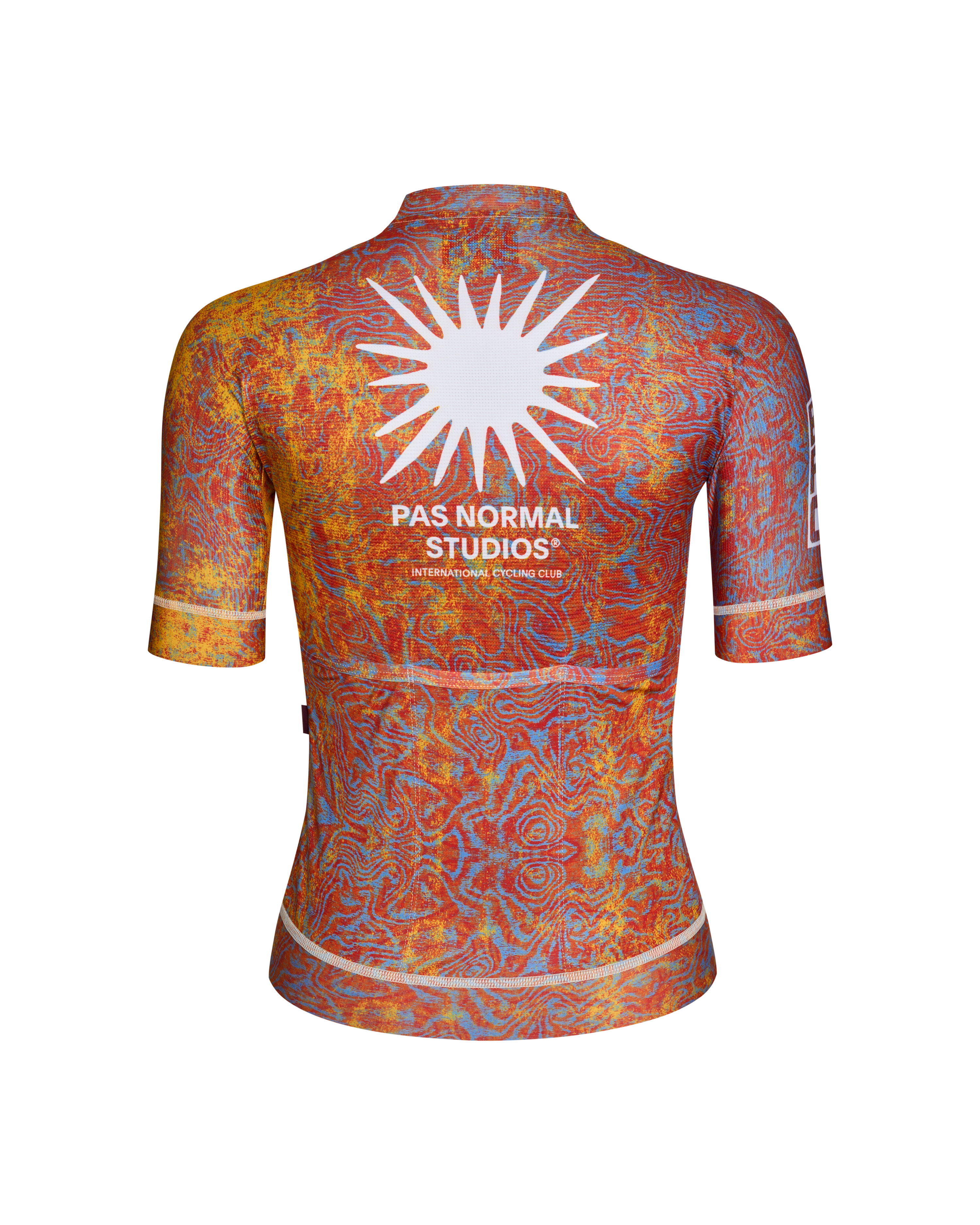 Breakfast Club Mechanism cycling jersey, rear view on model with all-over print and white sun graphic