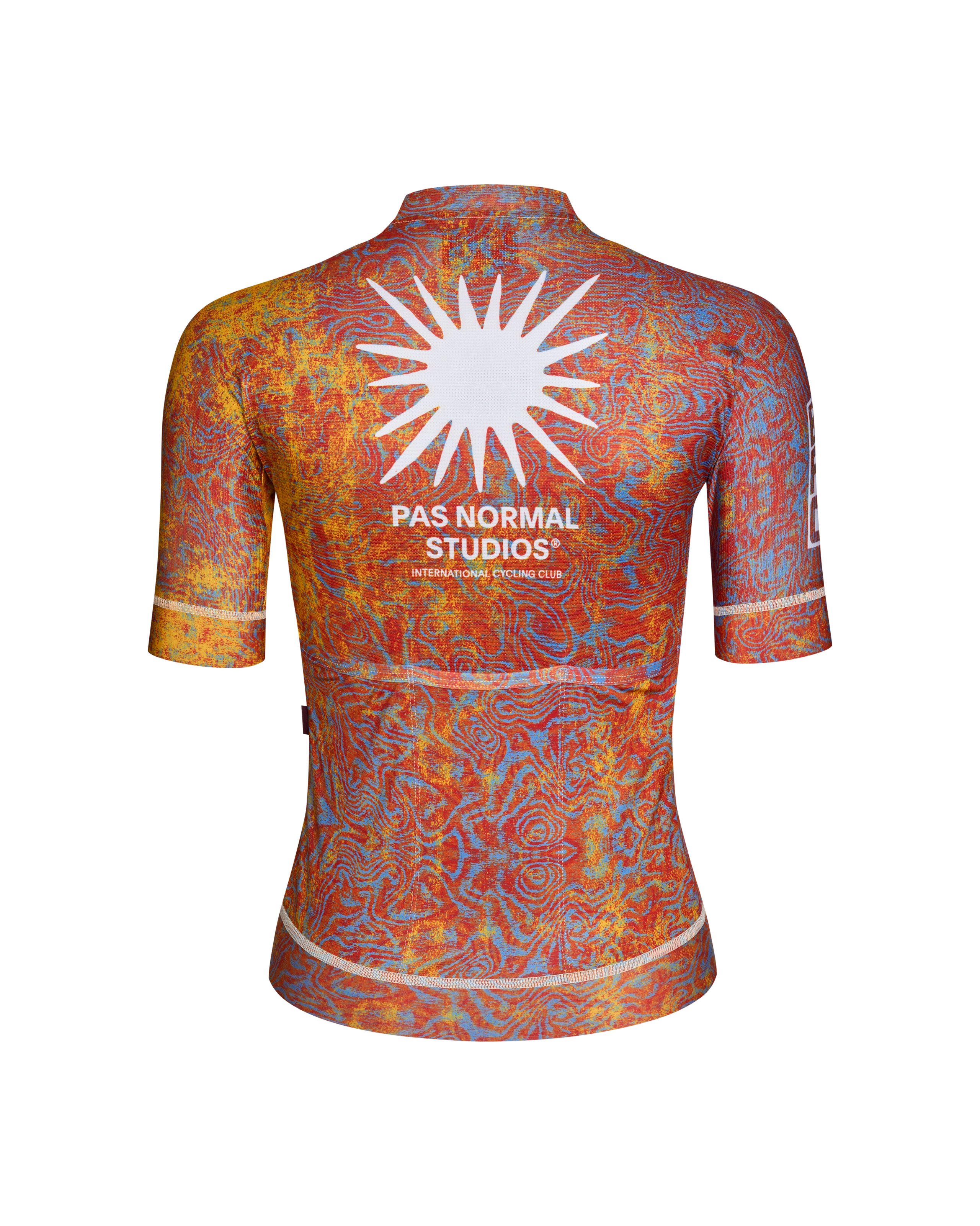 Breakfast Club Mechanism cycling jersey, rear view on model with all-over print and white sun graphic