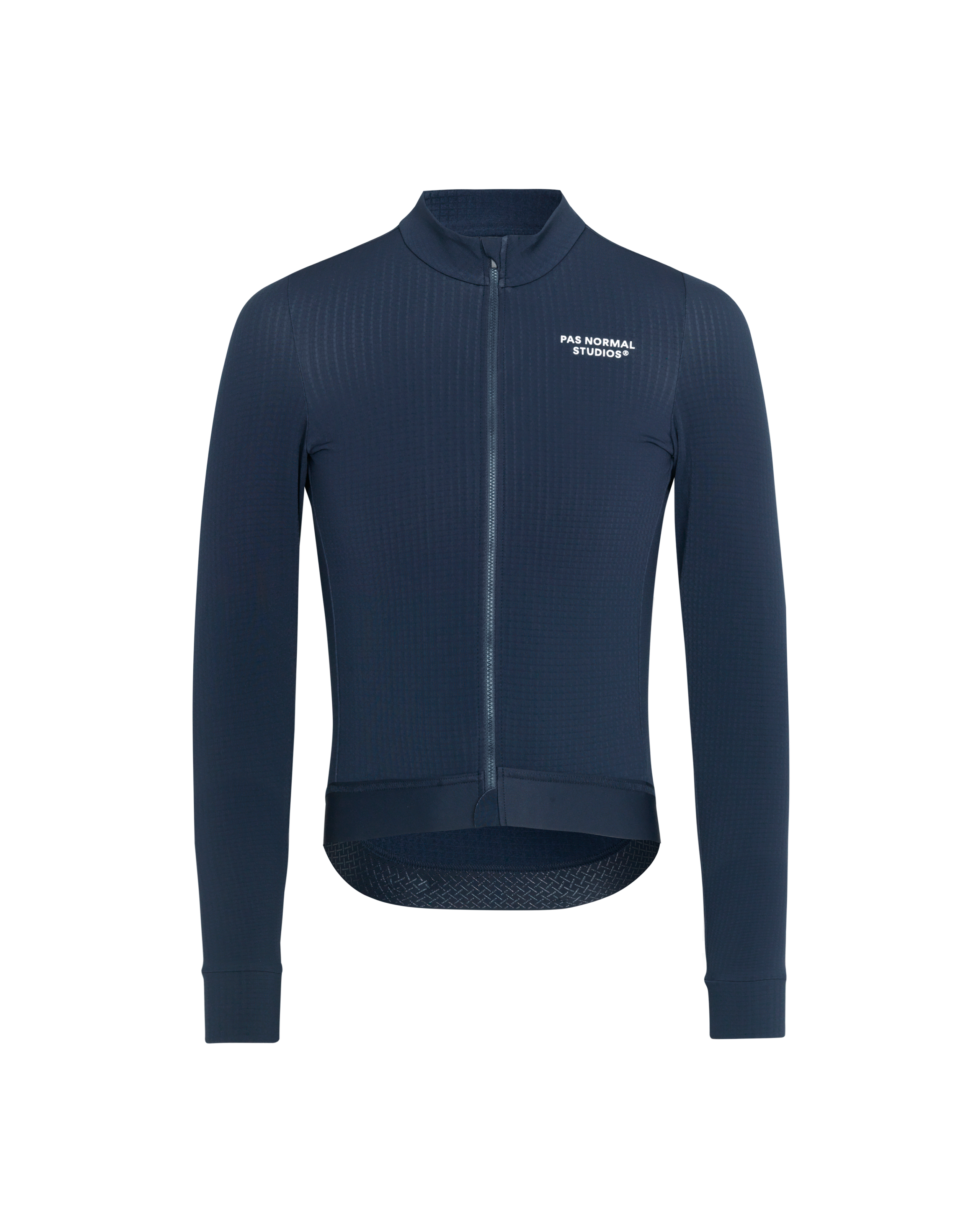 Navy Essential long sleeve cycling jersey, front view with white chest logo