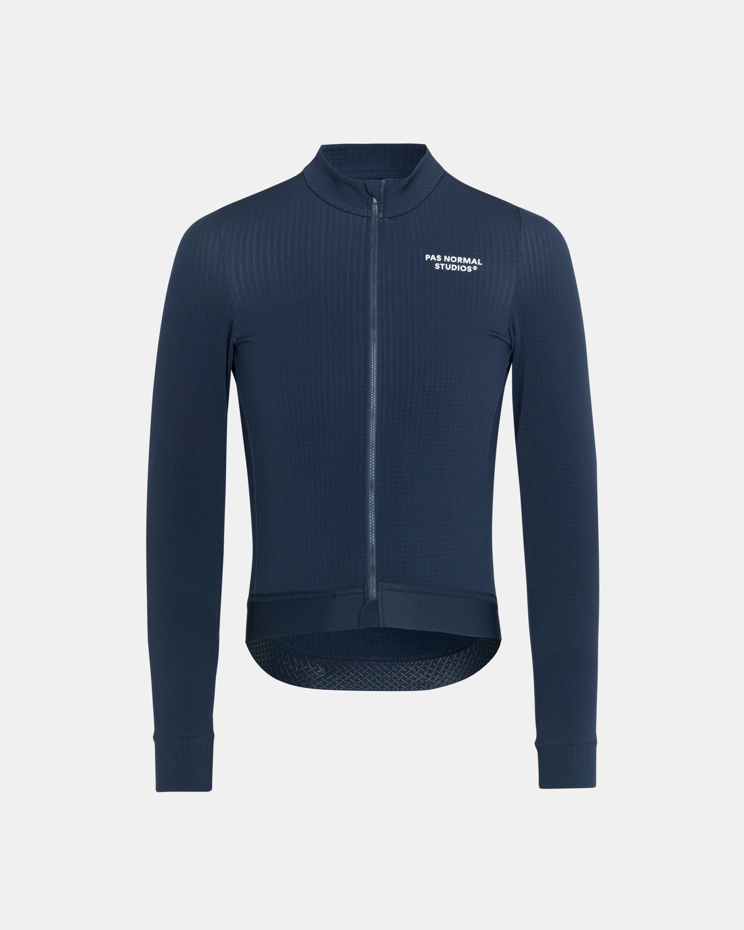 Navy Essential long sleeve cycling jersey, front view with white chest logo