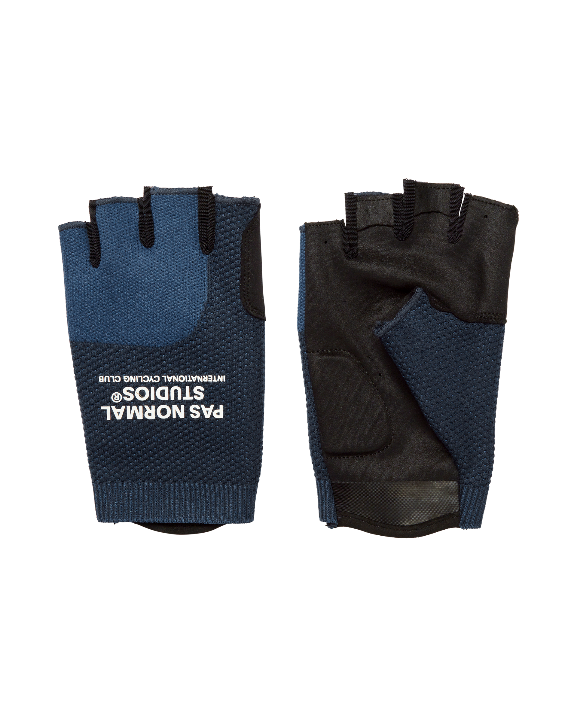 Navy Escapism cycling mitts, pair showing palm and back with mesh panels