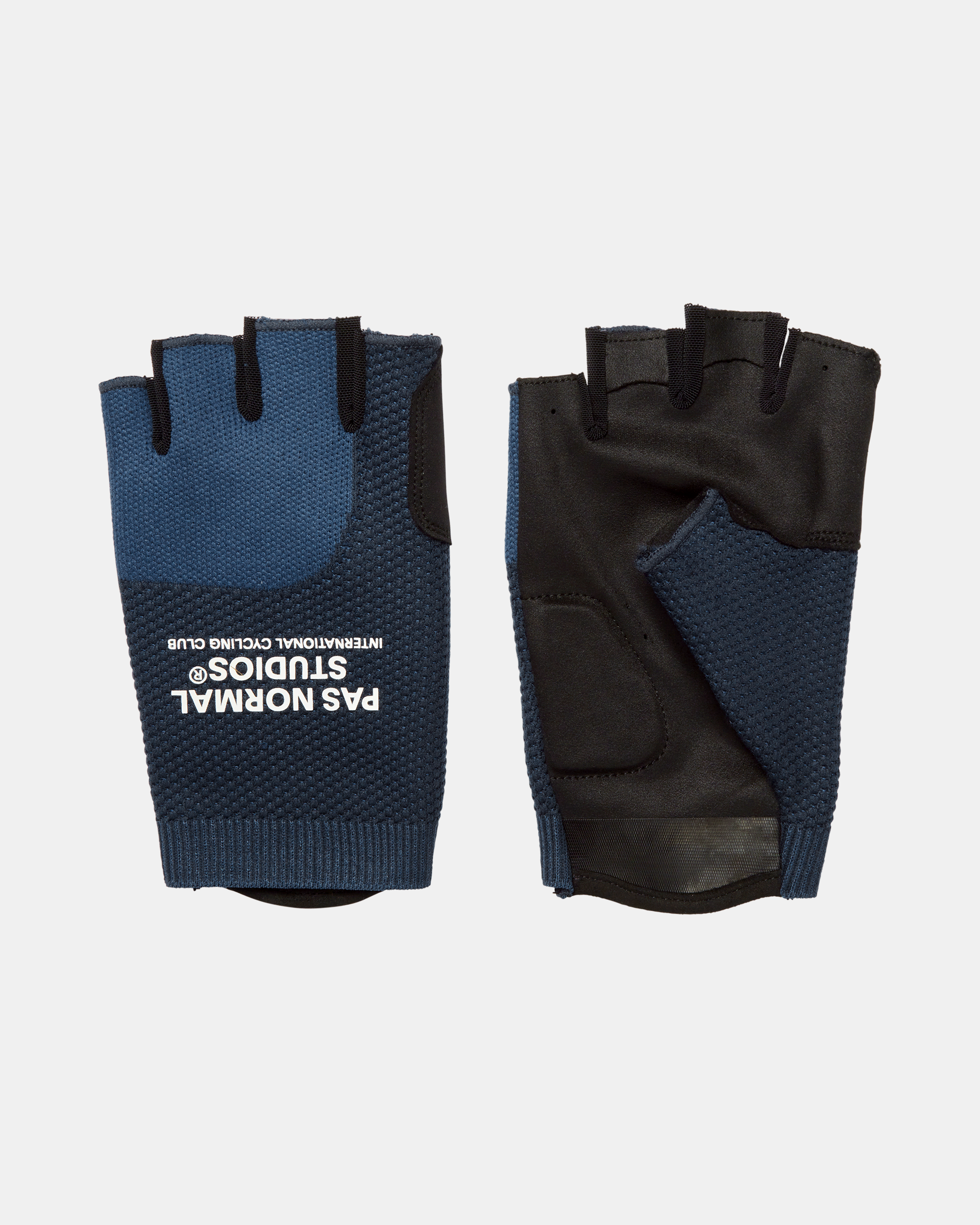 Navy Escapism cycling mitts, pair showing palm and back with mesh panels