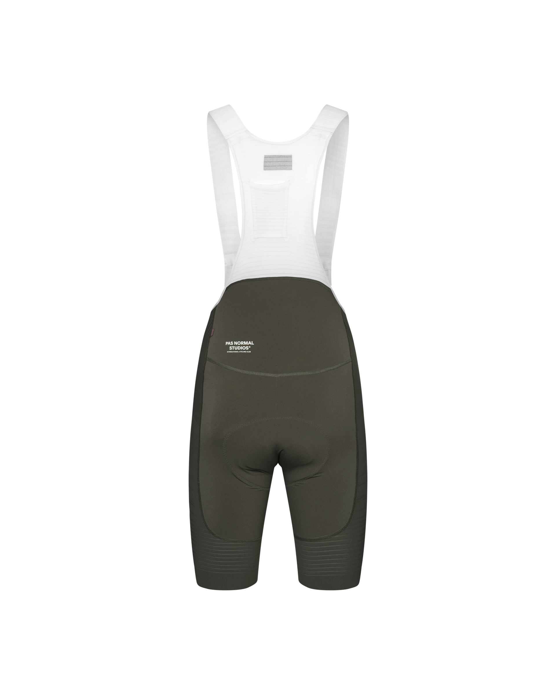 Dark Olive Mechanism Pro cycling bibs, rear view with white shoulder straps and ribbed leg panels
