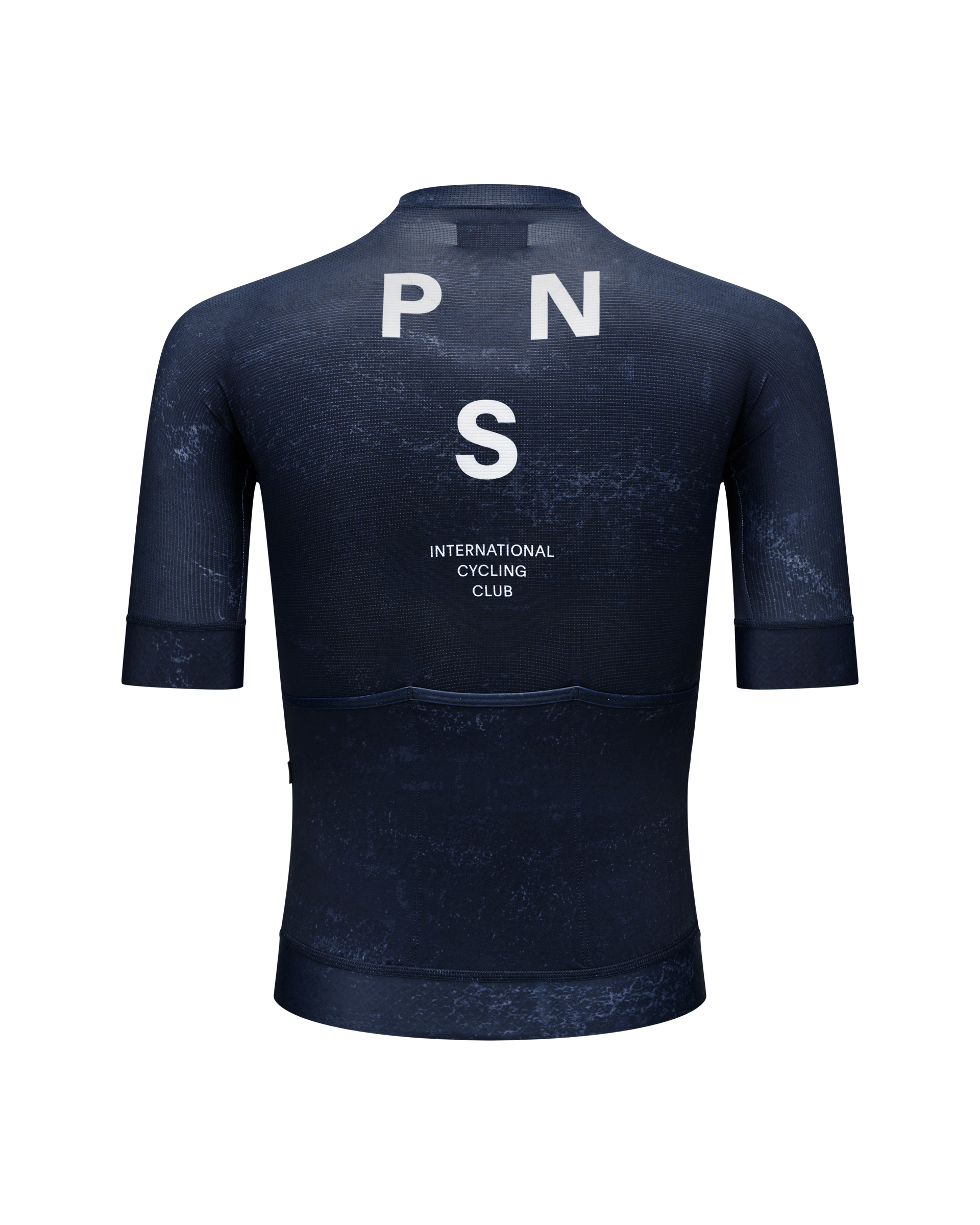 Navy Mechanism cycling jersey, rear view with white PNS lettering and International Cycling Club text